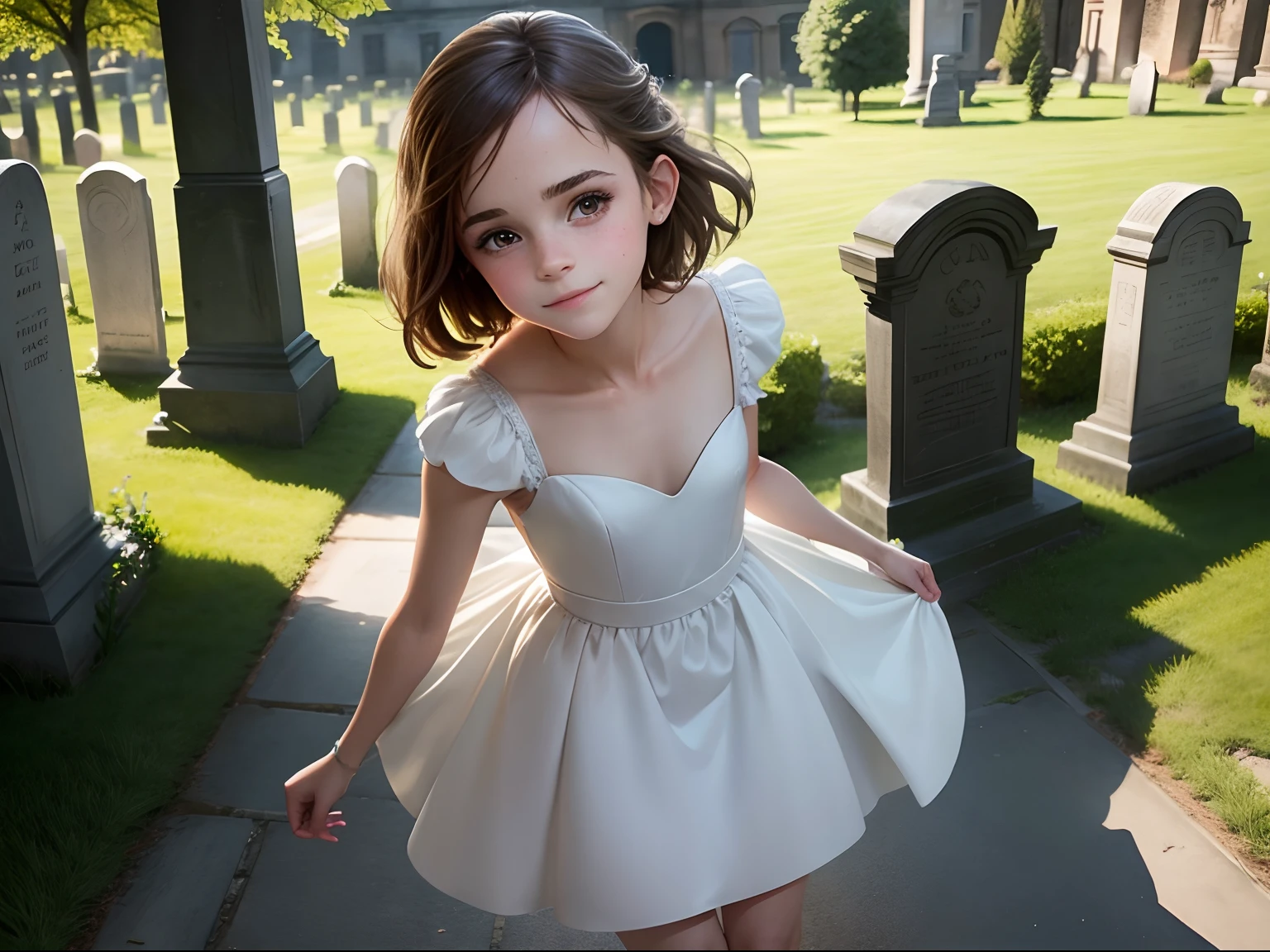 ten Emma Watson wearing cute bridesmaid dress, small bust, small chest, cute smile, churchyard