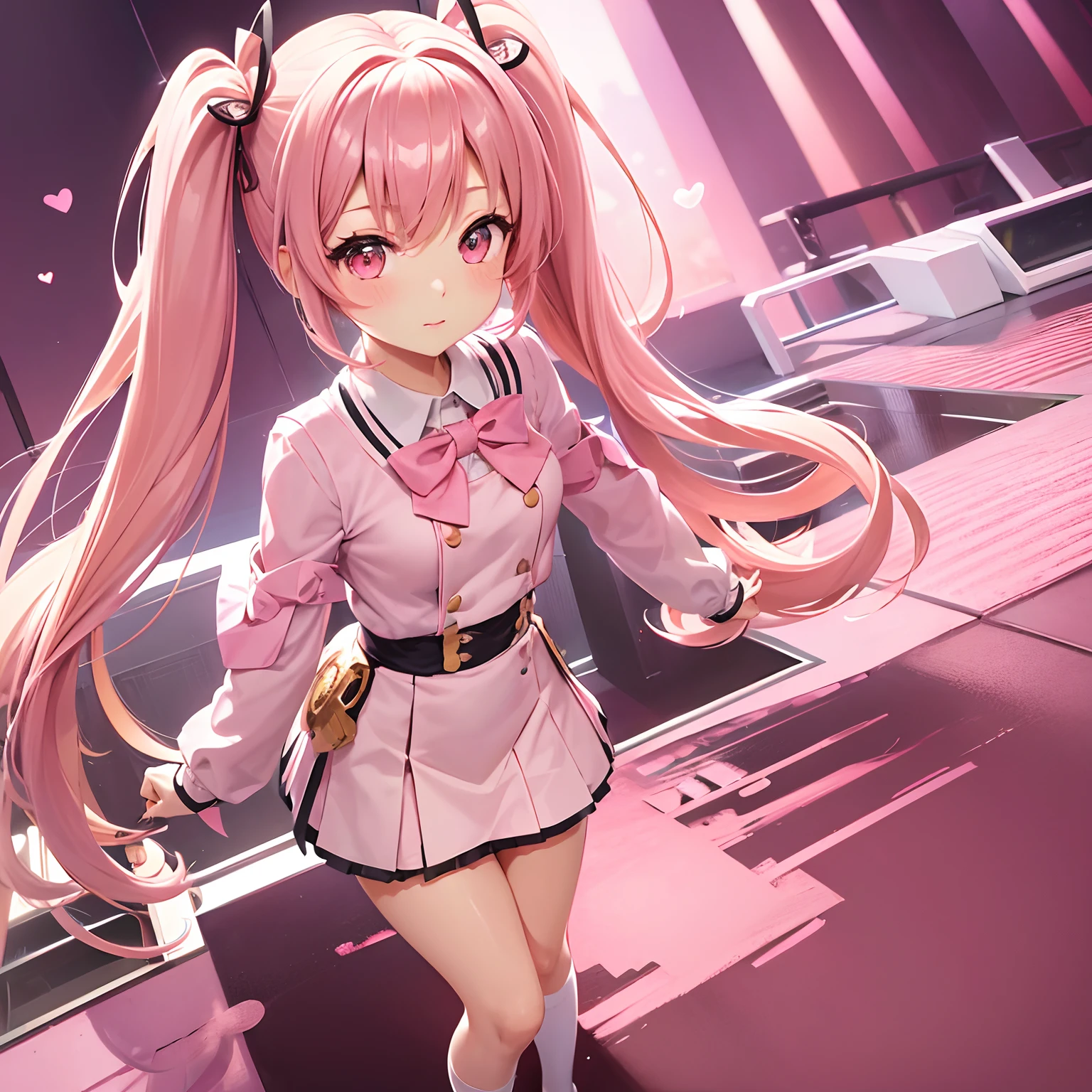 Very cute and (Beautiful Chibi Anime Girl), Solo, Simple background, Beautiful twin tails*Pink* hair,  Beautiful detailed *Pink* High School Uniform, Full body, Standing, high detailed face and *Pink* Eyes, Clearly outlined