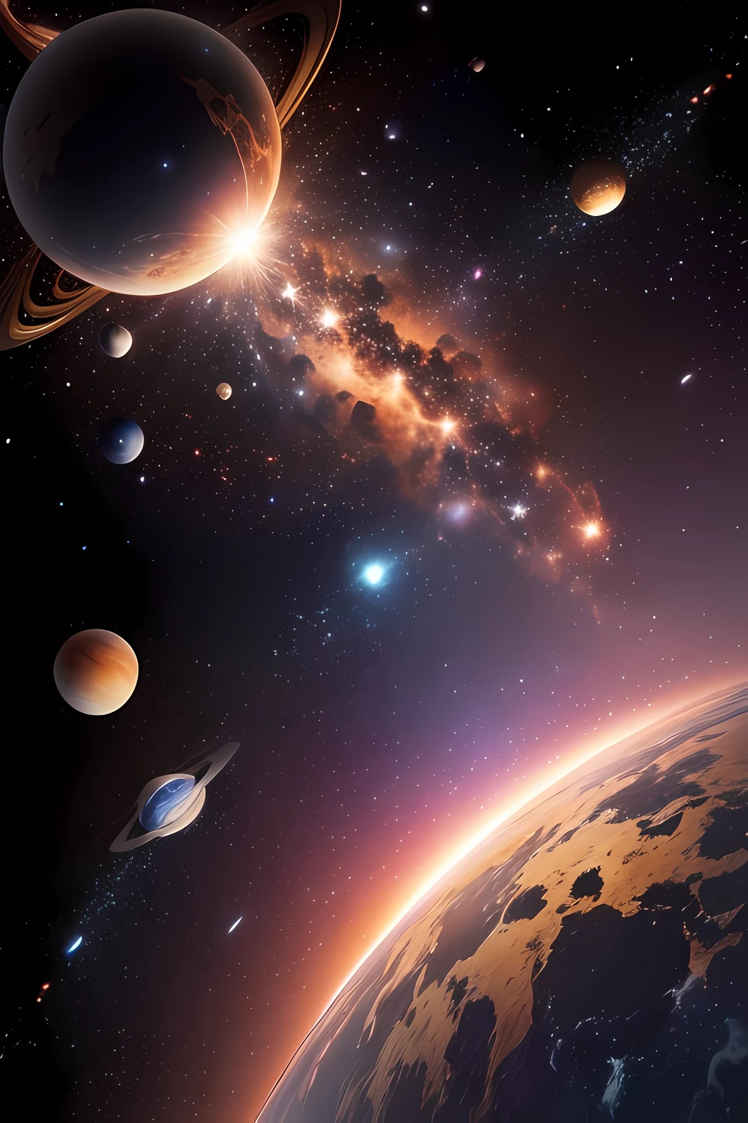 the galaxy with clouds of stars and small and large planets, an explosion of black stars, and also planets and their spinning moons. The colors are multiple, soft and sparkling. There are also shooting stars and the Milky Way