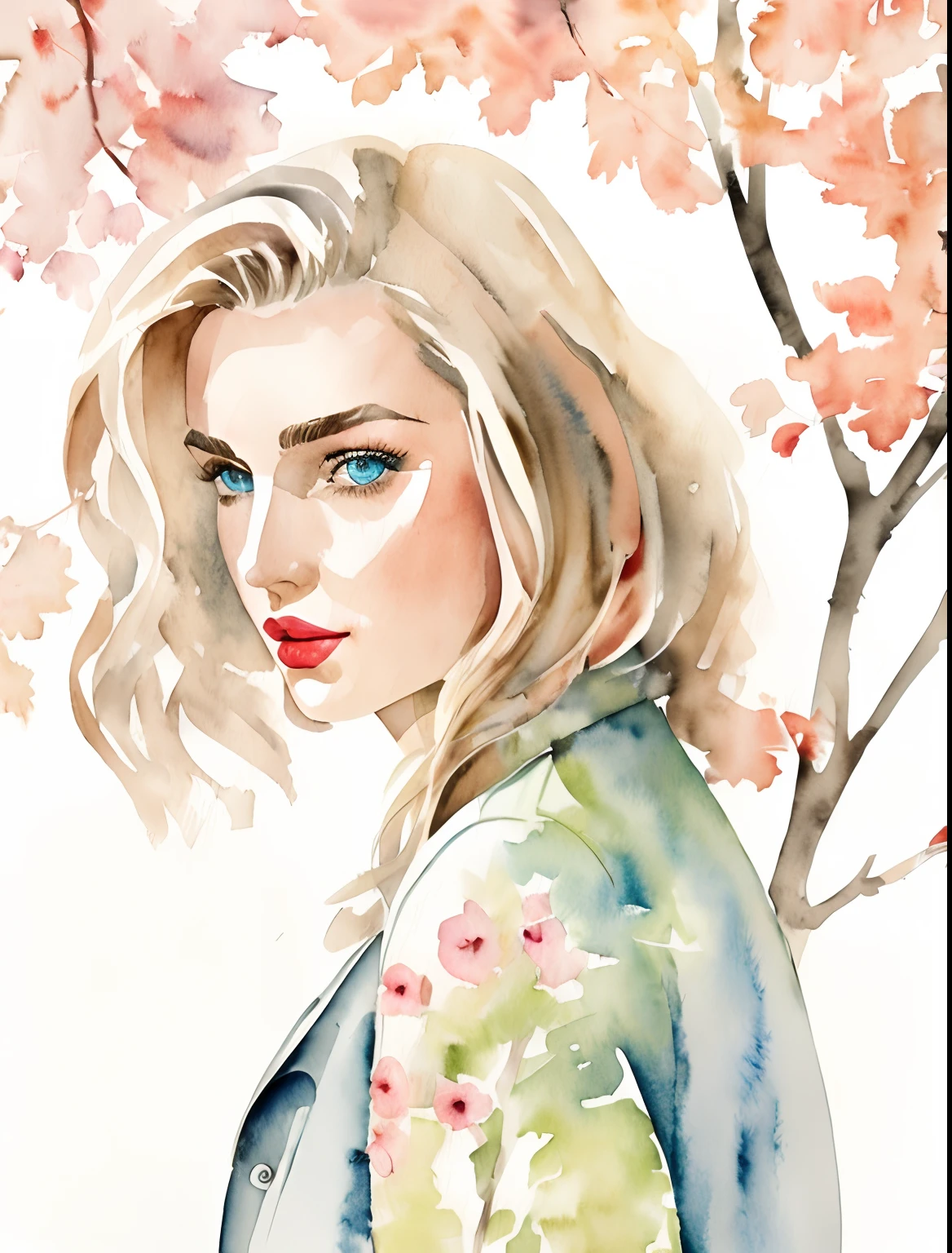 Kelly smith watercolor art Blonde Woman thin hair, french bob, gray blue eyes, red lipstick, andreea diaconu, face profile, peach beige dress, jacket, windy, green tree, summer, fantasy, artistic brushstrokes