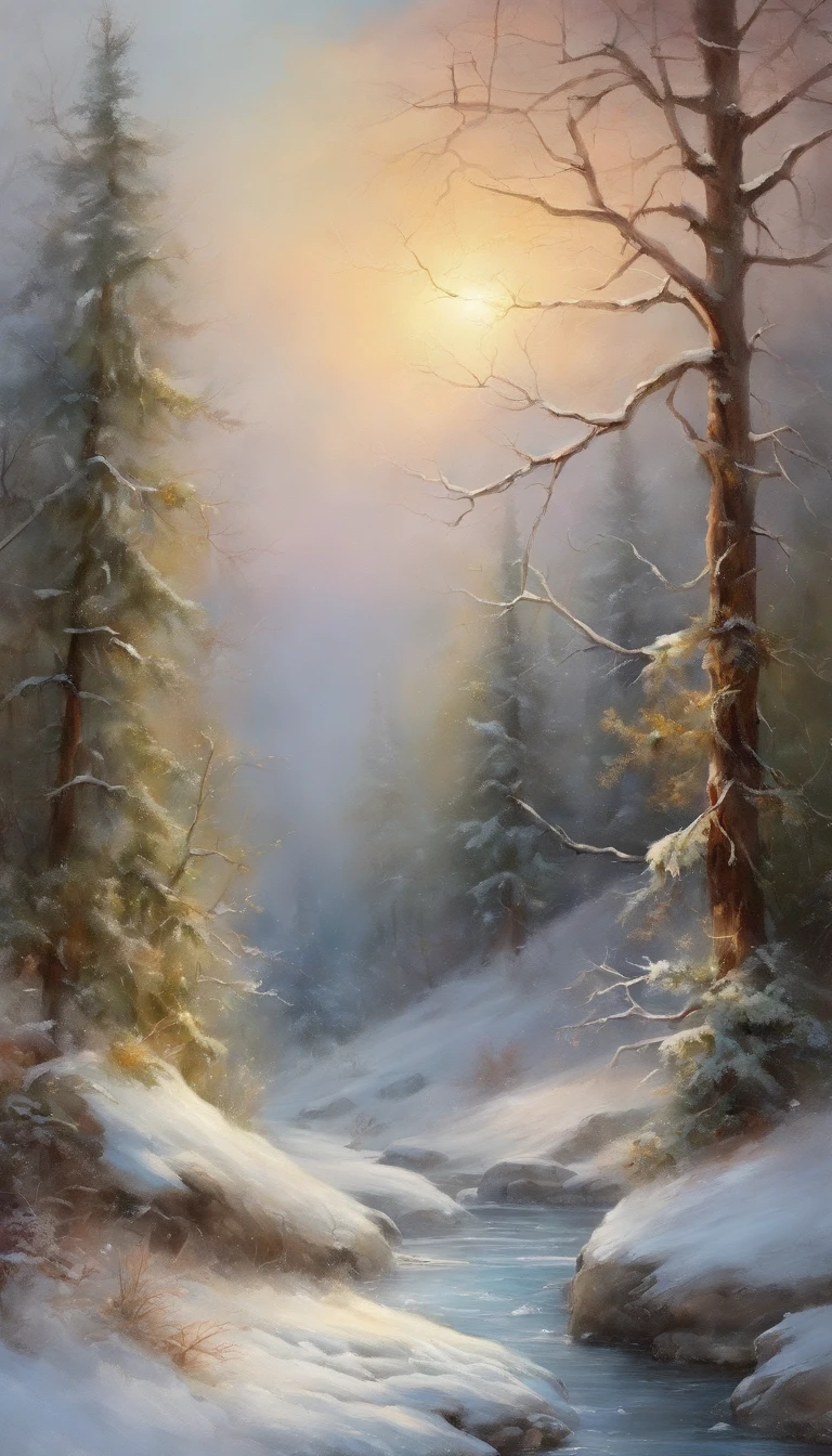(best quality,4k,8k,Altas,master part:1.2),ultra-detalhado,(Realistic,fotorrealista,photo-realistic:1.37),floresta nevada durante o dia, conto de fadas, Cores delicadas, sunlight, Rainbow, peaceful atmosphere, snow-covered trees, flocos de neve cintilantes, magical creatures, paisagem encantadora, mistic ambient, soft pastel tones, Shimmering icles, ethereal glow, tranquilidade serena, Charme extravagante, dreamlike scenery, Evergreens imponentes, Shimmering sunlight filtering through branches, vibrant bursts of color, Dancing fairies, Serene Winter Wonderland, cas interior , smoke coming out of the chimney