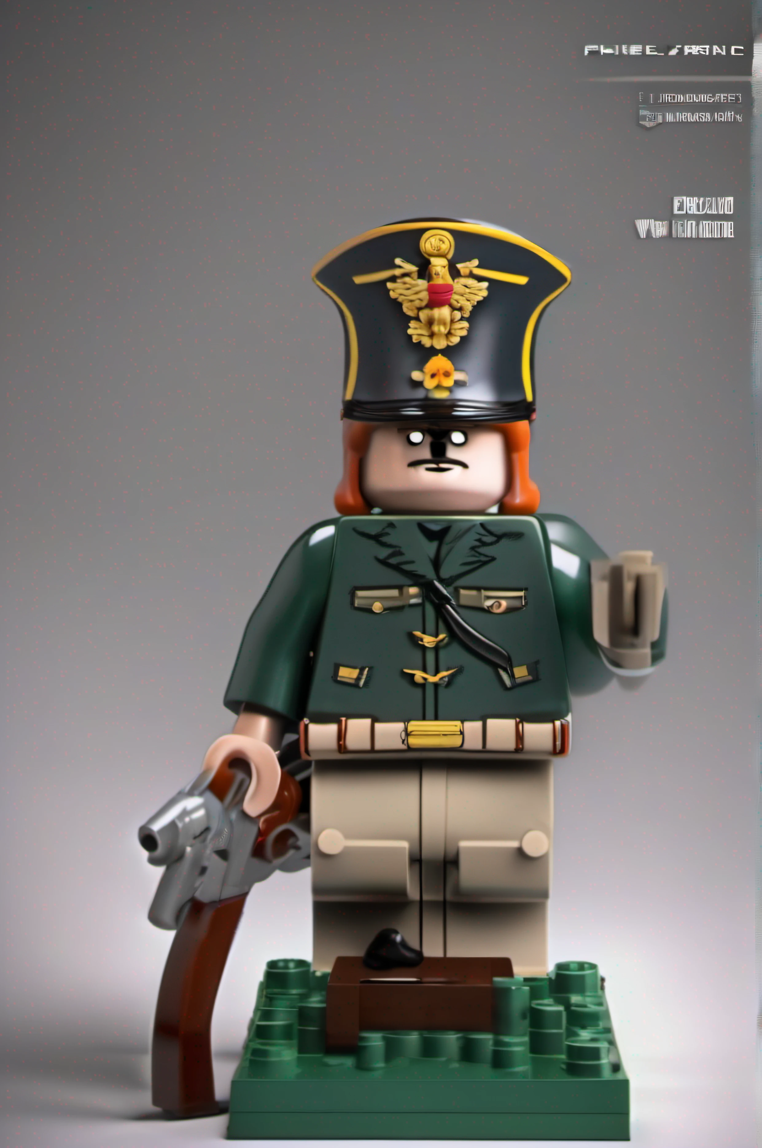 super primer plano, personaje con Uniforme militar napolieonico antiguo, la cabeza del personaje es de estilo lego, real, fotografia artistica, primer plano, Suave, ultra-high def, 8k, Ultra Sharp Focus, Obra maestra de arte intrincada, Traje fluido, Altamente detallado, Vibrante, production cinematic character render, Modelo de ultra alta calidad --auto