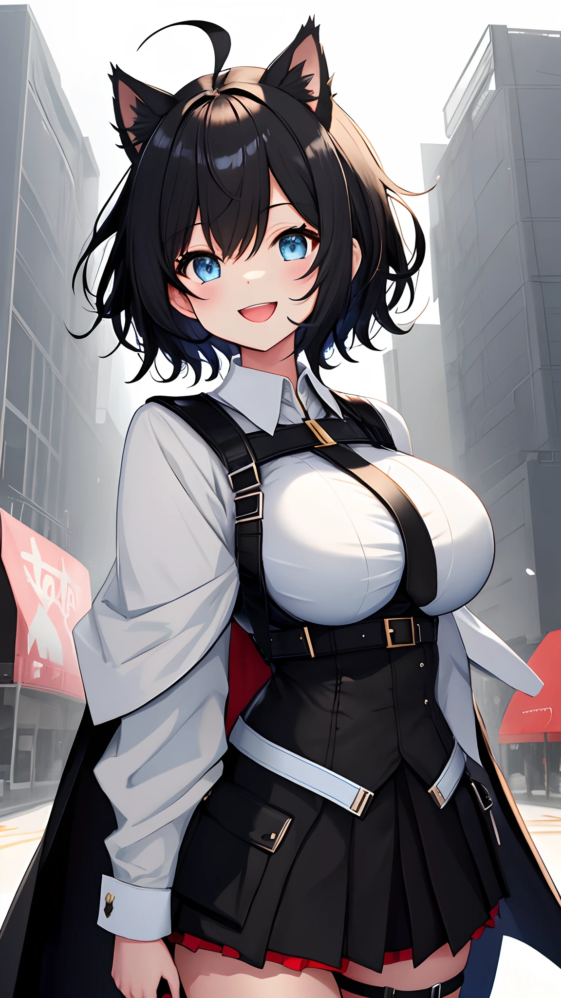 Cute girl, short black hair, black eyes, white scarf, black belt, big breasts, short pants