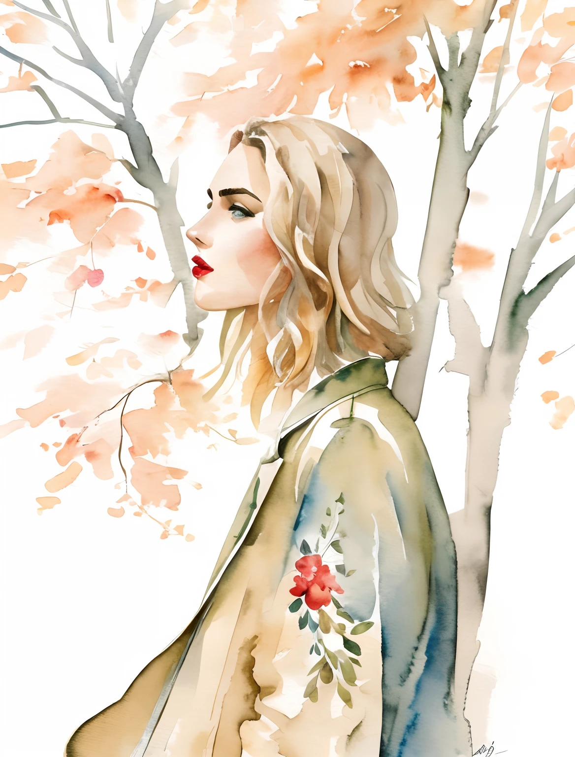 Kelly smith watercolor art Blonde Woman thin hair, french bob, gray blue eyes, red lipstick, andreea diaconu, face profile, peach beige dress, jacket, windy, green tree, summer, fantasy, artistic brushstrokes