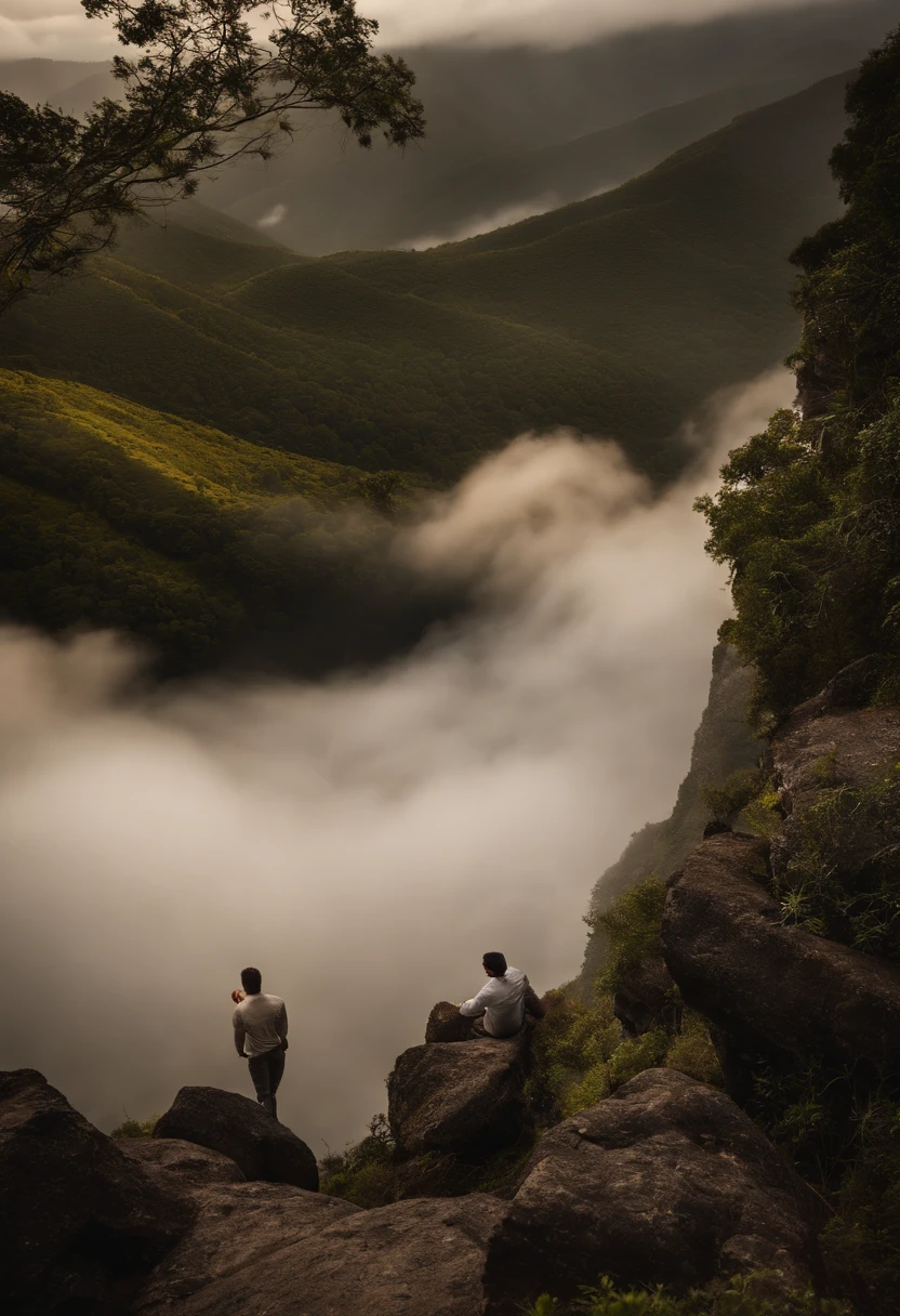Dois homens com asas lutando, dois homens com asas brigando, dois , briga de dois anjos, um deles tem cabelo curto preto, armadura escura, e outro com cabelo longos loiros vestindo branco, Scenery with clouds, raios, escuro, fim do mundo