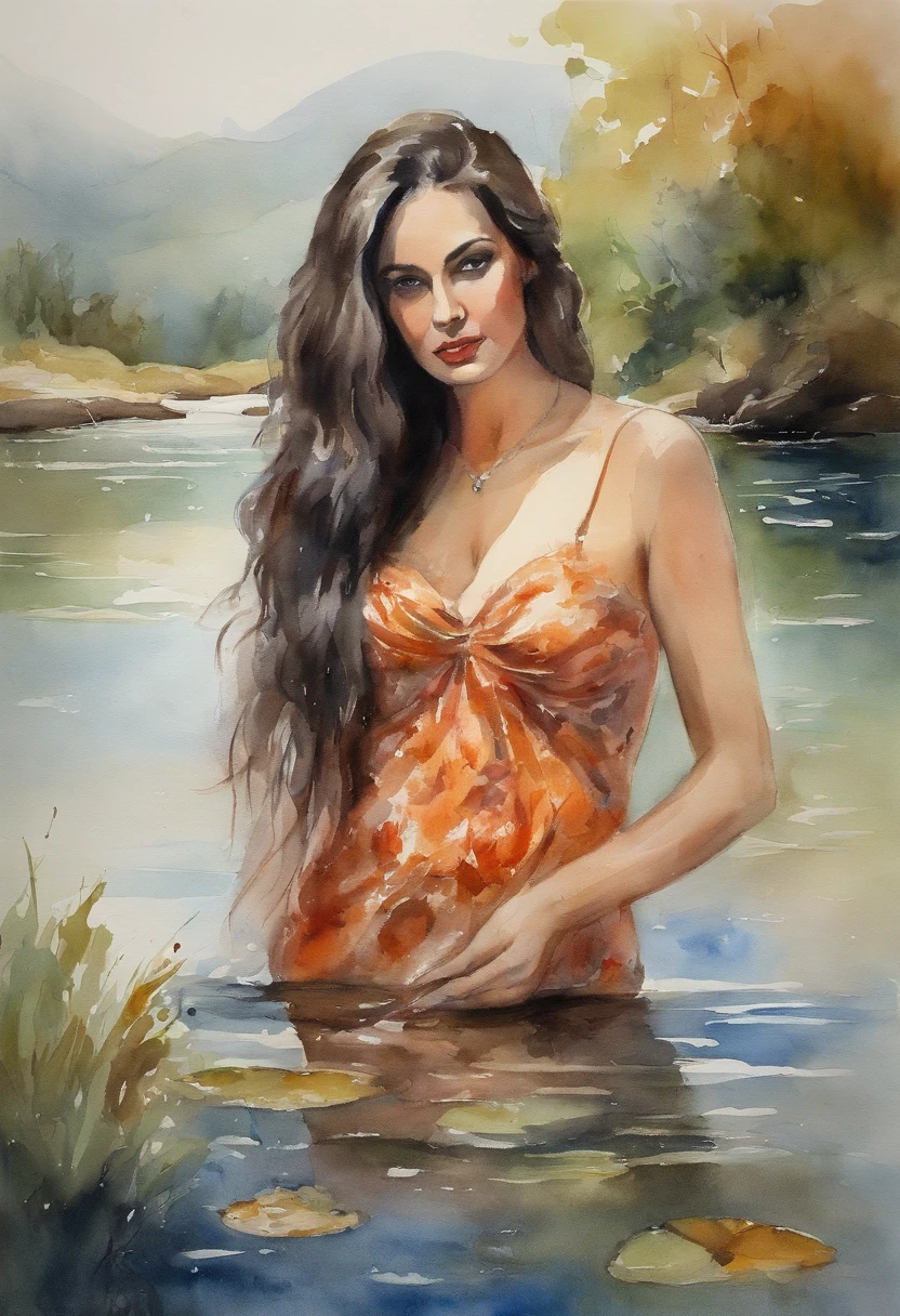 Beautiful girl, long flowing hair, wearing a bikini outfit, (((heavy bust))), sitting in a lake, hot sunshine, symmetrical eyes, symmetrical face, photorealistic, photography, path tracing, specular lighting, volumetric face light, path traced hair, visible shadows, shadow mapping, visible reflections, bright lush colours, concept art, highly detailed, illustration, bold colours, cinematic, masterpiece collection, volumetric lighting