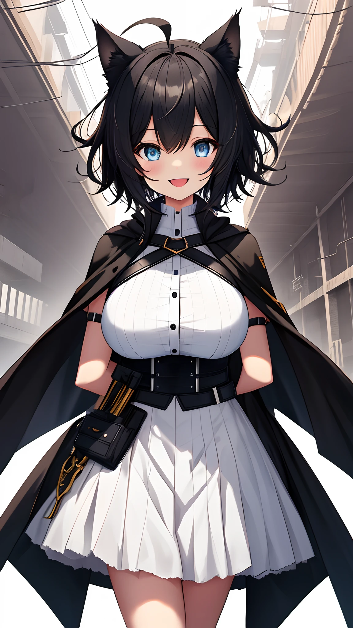 ,((Upright)), ((Arms at sides)), Looking at Viewer, simple background、White background, 1girl in, Open mouth, Smile, Virtual Youtuber、girl with、((Best Quality, high_resolution, Distinct_image)),(Black hair), (Black cat ears), (Ahoge), (absurdly short hair), (Wavy Hair), (Blue eyes),、A smile、Very big breasts、concept-art、((View Viewer))。military outfits。Wearing a cape。((Facing the viewer))Wearing a black harness。