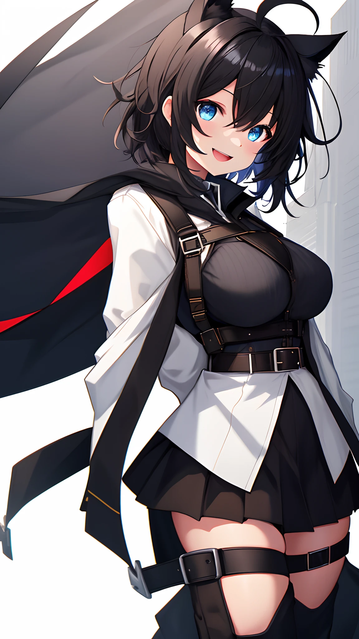 ,((Upright)), ((Arms at sides)), Looking at Viewer, simple background、White background, 1girl in, Open mouth, Smile, Virtual Youtuber、girl with、((Best Quality, high_resolution, Distinct_image)),(Black hair), (Black cat ears), (Ahoge), (absurdly short hair), (Wavy Hair), (Blue eyes),、A smile、Very big breasts、concept-art、((View Viewer))。military outfits。Wearing a cape。((Facing the viewer))Wearing a black harness。