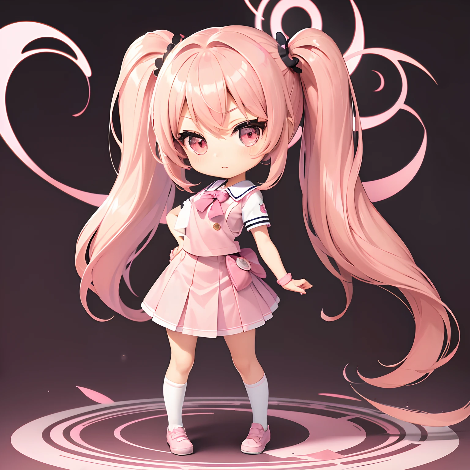 Very cute and (Beautiful Chibi Anime Girl), Solo, Simple background, Beautiful twin tails*Pink* hair, Beautiful detailed *Pink* High School Uniform, Full body, Standing, high detailed face and *Pink* Eyes, Clearly outlined