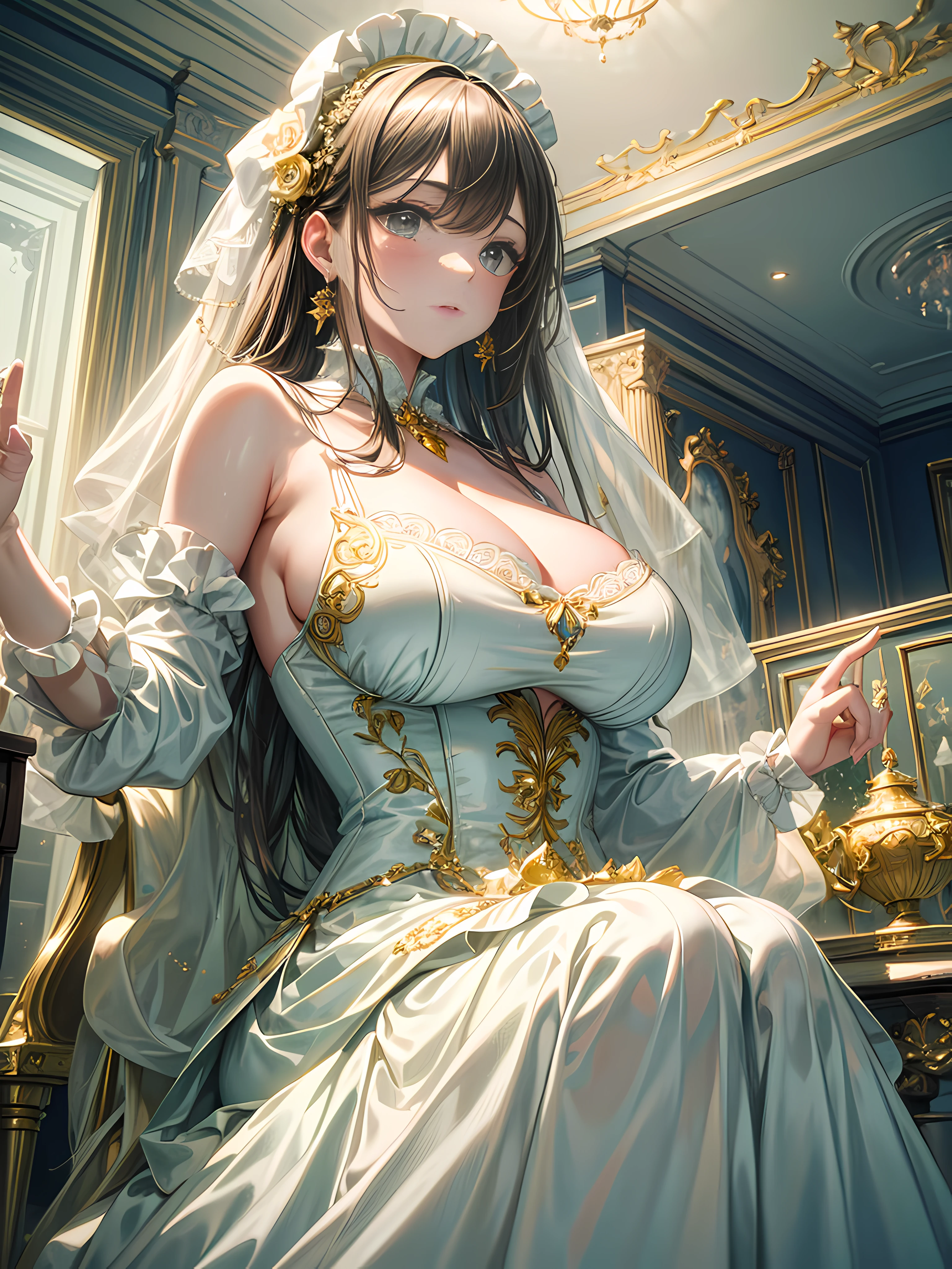 (Masterpiece), (Best quality), (Ultra-detailed), image_type: Portrait | Sexual huge breasts cleavage: Fashion | Emotion: elegant | scene: A young girl in a yellow and white maid outfit stands elegantly in an elegantly decorated interior room | Beautiful light, Tranquil Mood,Looking down