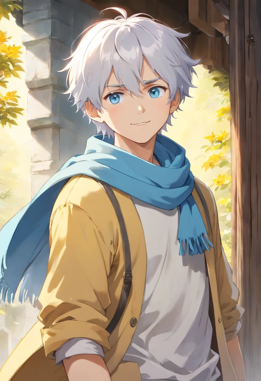 ((masterpiece, best quality)), (1boy), (solo), (male focus), (white hair, short hair, tigs light blue),soft blue eyes,(white pupils) , light smile, depressive expression, ((yellow shirt), (overall), ((light blue overall), ((blue scarf with golden details )), standing, dynamic angle