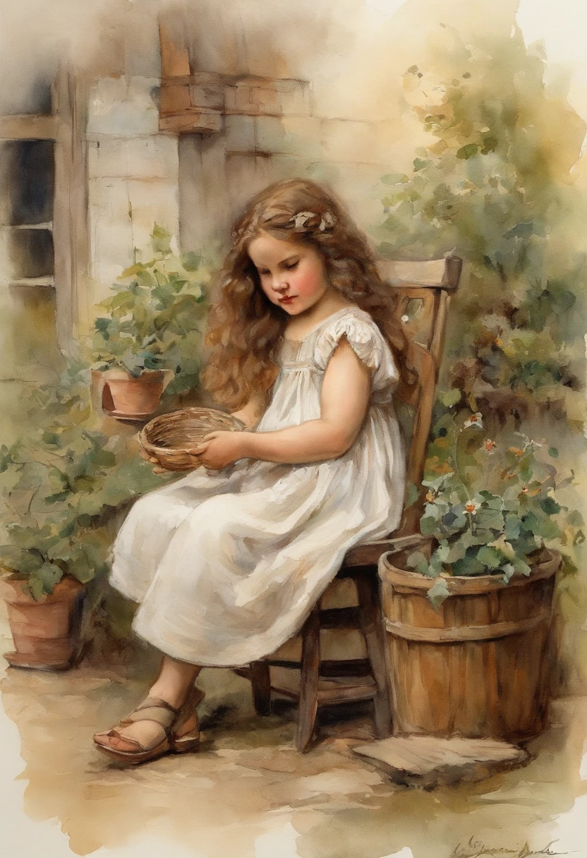 william waterhouse style painting, young maiden, long brown curly hair, {sitting in a rocking chair}, {wavy wild hair}, {holding a can of desperados} smoking a ciggerette} breast feeding twin babys with husband in the background, {barn house} {pot plants in the background}