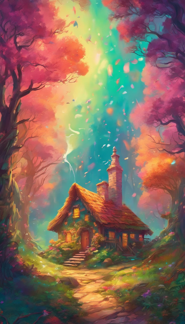 (best quality,4k,8k,Altas,master part:1.2),ultra-detalhado,(Realistic,fotorrealista,photo-realistic:1.37) floresta nevada durante o dia,conto de fadas,Cores delicadas,sunlight,Rainbow,atmosfera de sonho,flocos de neve cintilantes,lush green trees,atmosfera tranquila,criaturas extravagantes da floresta,Magic fairy gliding through the air,raios dourados de luz solar perfurando o dossel,soft light casting enchanting shadows on the floor,ramos cobertos de neve brilhando como diamantes,Rainbow rays painting the sky,a small cottage nestled among the trees,smoke rising from the chimney creating a warm and cozy feeling,Ethereal and mystical atmosphere with a touch of nostalgia,luzes de fadas cintilando ao longe como estrelas,peaceful tranquility and serenity,fresh, crisp air tingling the senses,Shredding snow under your feet as you explore,vibe encantada e sobrenatural,sentir-se imerso em um mundo de conto de fadas,Floresta Encantada, casa rsutica no meio da floresta.directly from a storybook.