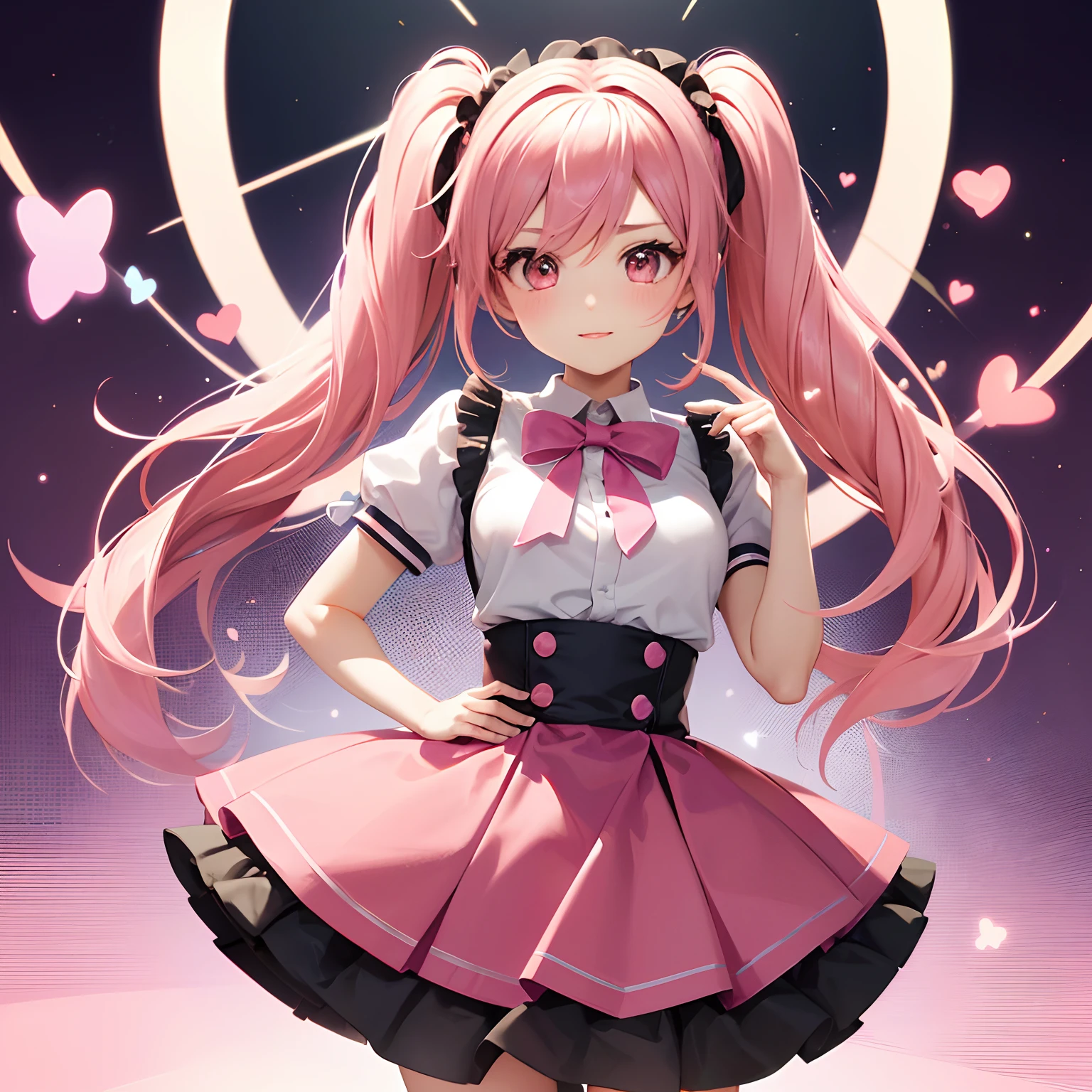 Very cute and (Beautiful Chibi Anime Girl), Solo, Simple background, Beautiful twin tails*Pink* hair, Beautiful detailed *Pink* High School Uniform, Full body, Standing, high detailed face and *Pink* Eyes, Clearly outlined