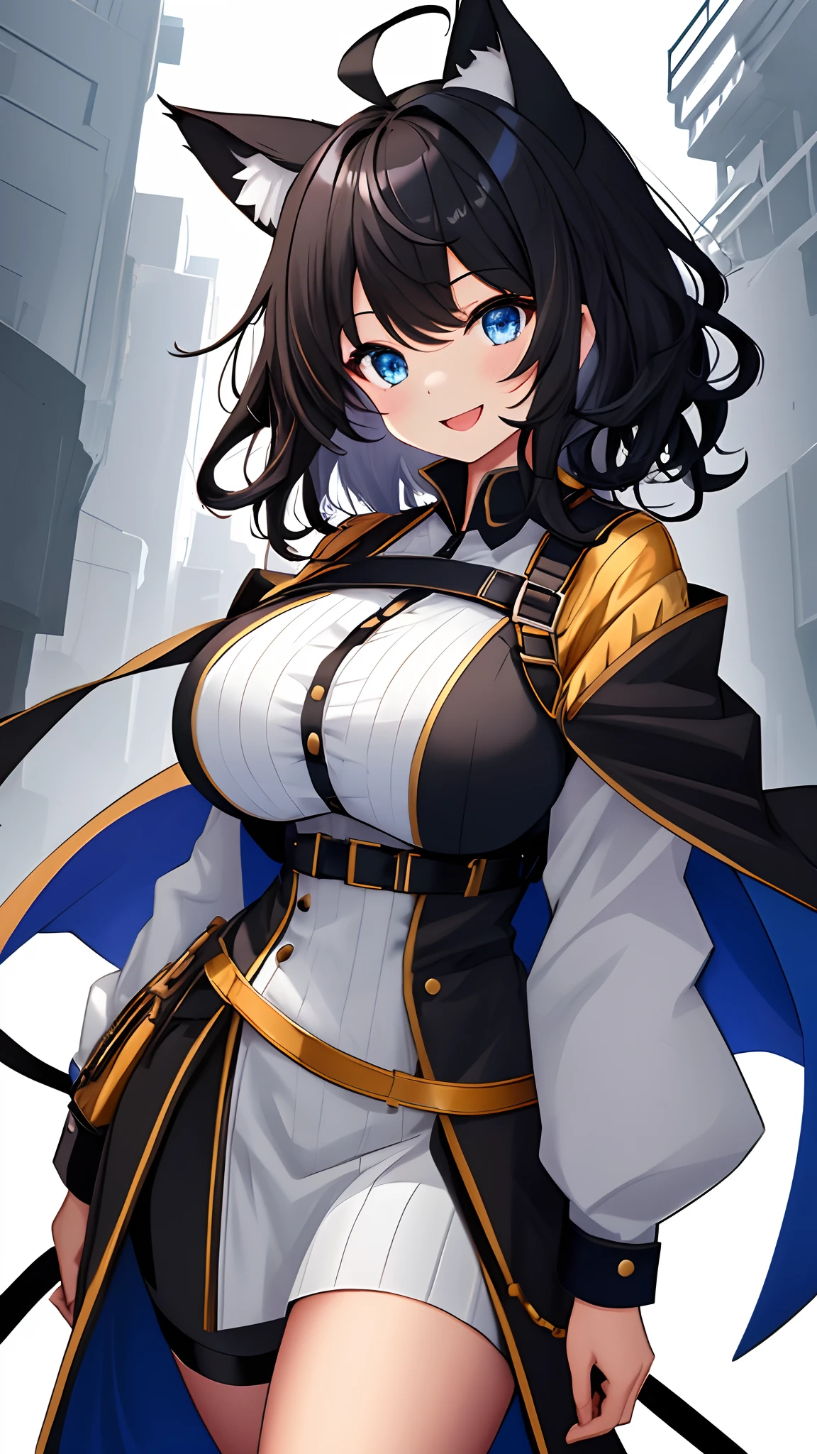 (best quality:1.5, highres, UHD, 4K, detailed lighting, shaders), black wavy hair, large breasts , woman jacket, long coat, (pov), Portrait, white background