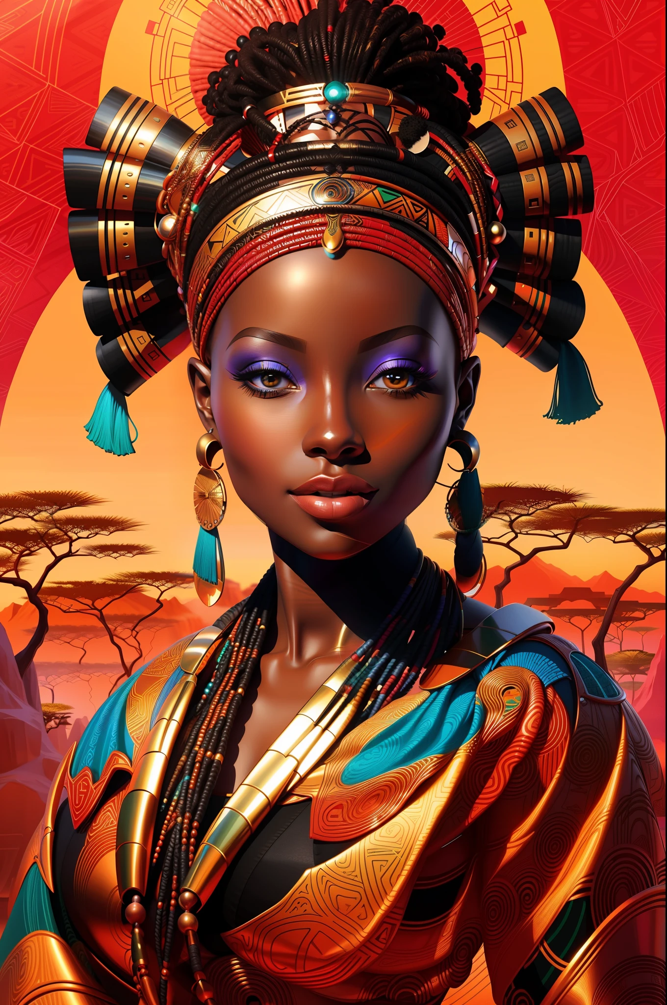 painting of a woman with a headdress and a scarf, black african princess, african queen, african woman, stunning african princess, african princess, african, stunning digital illustration, beautiful futuristic himba woman, futuristic himba young woman, african arts, beautiful digital artwork, beautiful digital illustration, a beautiful artwork illustration, afrofuturism, stunning artwork, rossdraws | afrofuturism