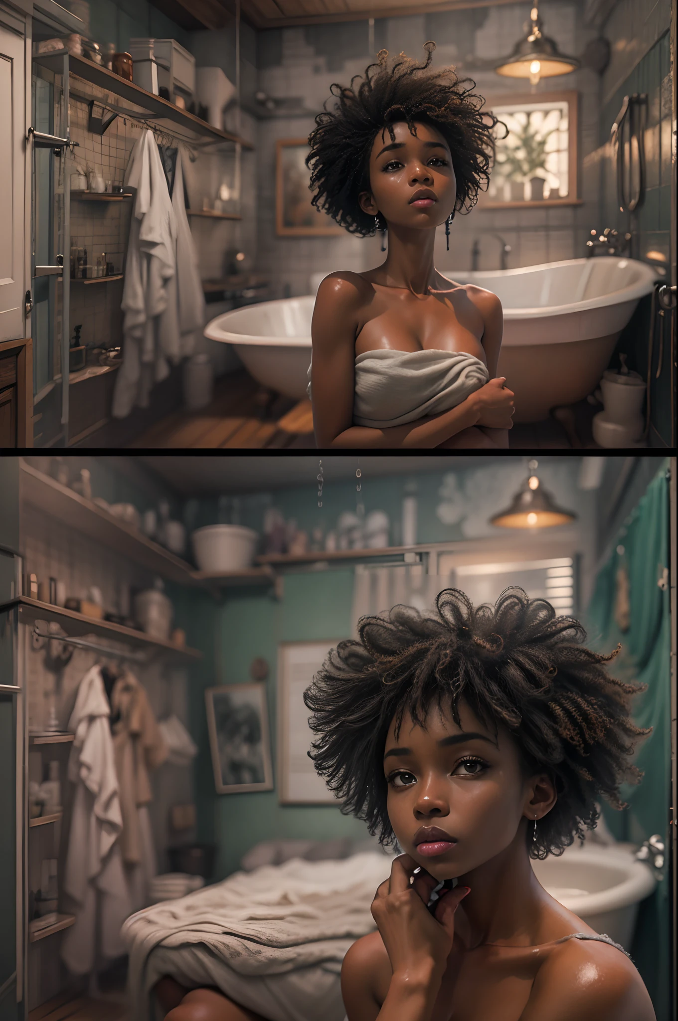Different mood african woman with, showing clevage, clutched in deep green towel, wide angle in a vintage bathroom, long zoom camera view , perfect anatomy, illustrative, painterly, detailed, UHD drawing, pen and ink, perfect composition, beautiful detailed intricate insanely detailed octane render trending on artstation, 8k artistic photography, photorealistic concept art, soft natural