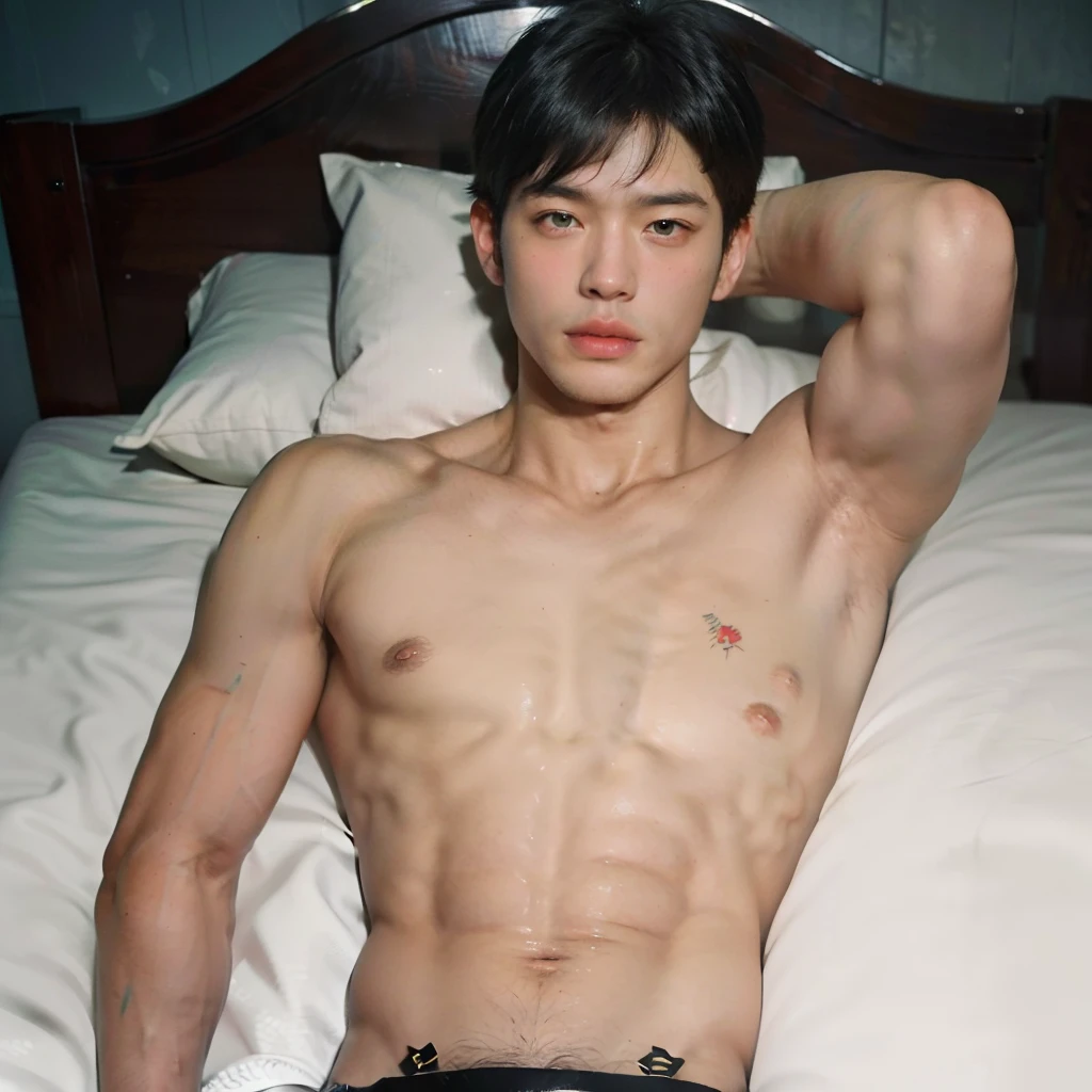 (hot,attractive,attractive guy,good-looking,sexy,Indian,(east) Asian,masculine,charming) (man,guy,dude,boy) sleeping (peacefully,soundly) in (a comfortable bed,a cozy bed,an inviting bed), (stylish,colored,modern,sleek) haircut capturing attention, (fierce,intense,piercing) gaze portraying confidence and allure, (handsome,good-looking) features radiating charm and attractiveness, (sculpted,chiseled,strong) jawline accentuating facial structure, (dark,deep,expressive) eyes adding depth and magnetism, (fit,strong,tone,athletic) physique exuding strength and vitality, (photorealistic:1.37,realistic) portrayal capturing the finest details, (ultra-detailed) to showcase realistic textures and accuracy