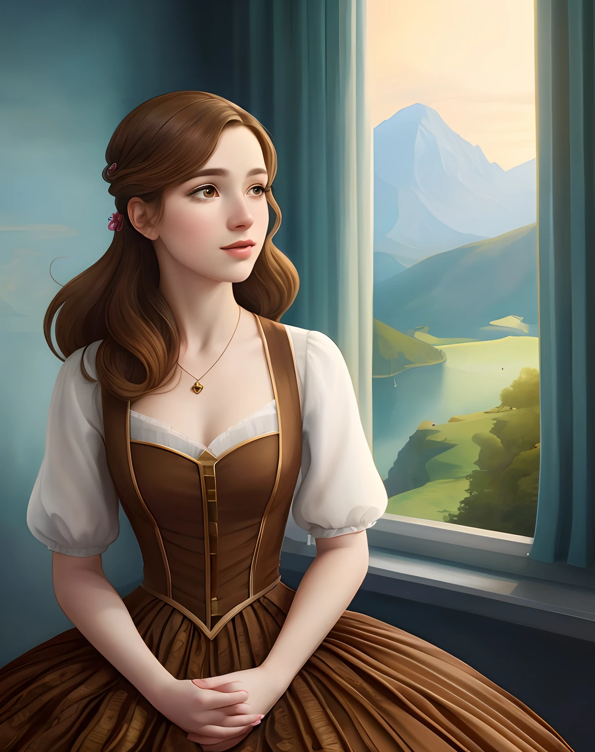 There is a woman in a dress sitting by a window, pintura de personagem bonita, inspirado em Magali Villeneuve, retrato do characture da fantasia, fantasy genre portrait, retrato da princesa, realistic fantasy illustration, Beautiful digital illustration, retrato do livro do RPG, retrato bonito da arte da fantasia, capa de romance, capa de romance de fantasia para jovens adultos, retrato da arte da fantasia, inspirado em Francesco Hayez, stunning digital illustration