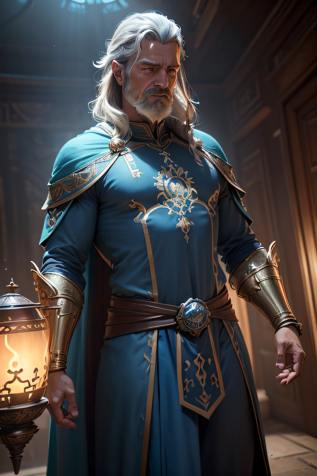 (Professional 3D rendering:1.3) de (Realistic:1.3) Foto de arte mais bonita do mundo，Features soft, bright male heroes, ((homem velho com mais de 80 anos, com barba branca, cabelo branco compridos, Smooth expression, Robes of the Olympian gods in dynamic pose, fantastic location, majestoso ambiente desordenado)), corpo inteiro 8k unidade render, action shot, poros da pele, very dark lighting, sombreamento pesado, circunstanciado, Rosto detalhado, (vibrante, fotogrdeia realista, Realistic, Dramatic, Escuro, foco nítido, 8k), (Magestose blue tunic:1.4), ((((Use peles)))), (intrincado:1.4), decadente, (altamente detalhado:1.4), pintura digital, rendering by octane, art stations, Conceito-Arte, liso, foco nítido, illustration, germe da arte, (Loish:0.23), Wlop Ilya Kuvshinov, e Greg Rutkowski e Alphonse Mucha Gracias, (global ilumination, studiolight, Light Volumetric), chuva forte, floating particles, patife, fantasia, Onze, corpo inteiroesbian, ((Fundo escuro e antigo da cidade:1.3)),CGSesociedade,art stations