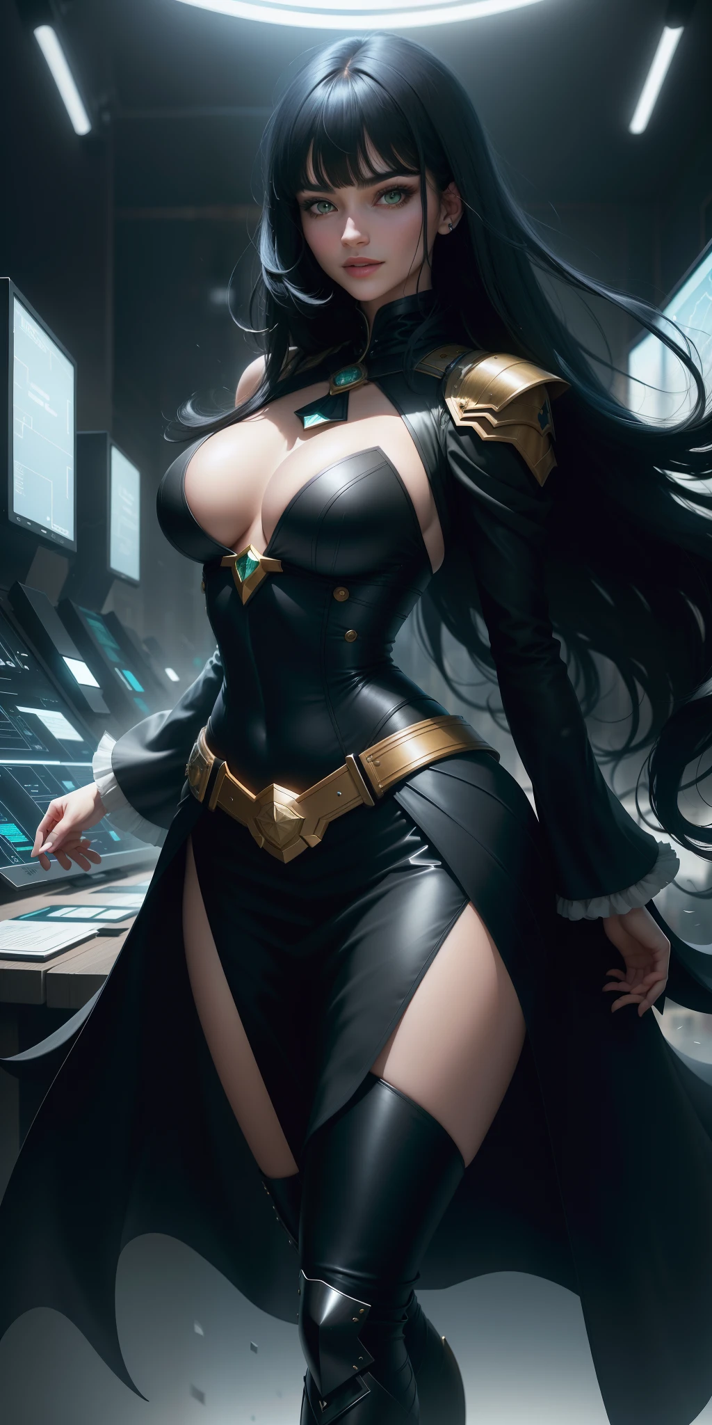 perfect breasts ((book cover)) ((1 beautiful woman in her 20s)), ((black hair)) ((Long haircut with bangs, traditional bangs)) ((hair flowing in the wind)) , ( (crystalline green eyes)), stylish black blazer, strapless blouse underneath, long black synthetic wavy cut skirt with evaluators, perfect face, roguish smile, Softly blurred background, Shadow Legion control room, In the background , A screen with a world map, dark night, dark watercolor splashes in the background ((best quality, 8k, ultra detailed)) ((Cinematic image)) standing pose, bent leg, Focus from face to bust, sharp, Cover of the thriller book by Mistério Fantástico