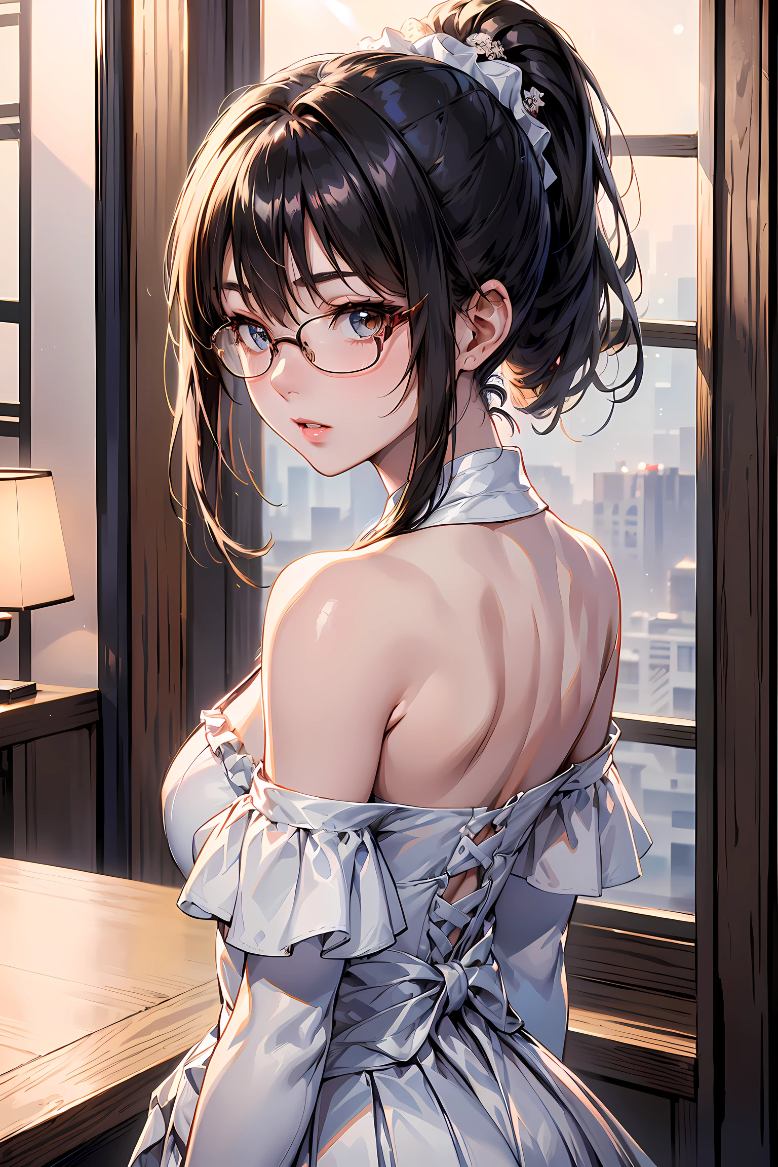 masterpiece, best quality, realistic, photorealistic, great lighting, ultra-detailed, dynamic angle, perfect face, (bright lighting:1.2),beautiful detailed eyes, extremely detailed face, perfect lighting,

squatting, classroom, garment open to the naked eye,

1girl, darkbrown twintail hair, glasses,
gothic ta costume, stockings, high-heeled shoes, 

sweaty, wet body, navel out, thighs out, buttocks, large breast, slim, slender, translucent, Embarrassed expression, blush, ((White panties, cameltoe)),

White panties, camel toe, spread legs, bare clothing, blushing, sweaty, transparent clothing