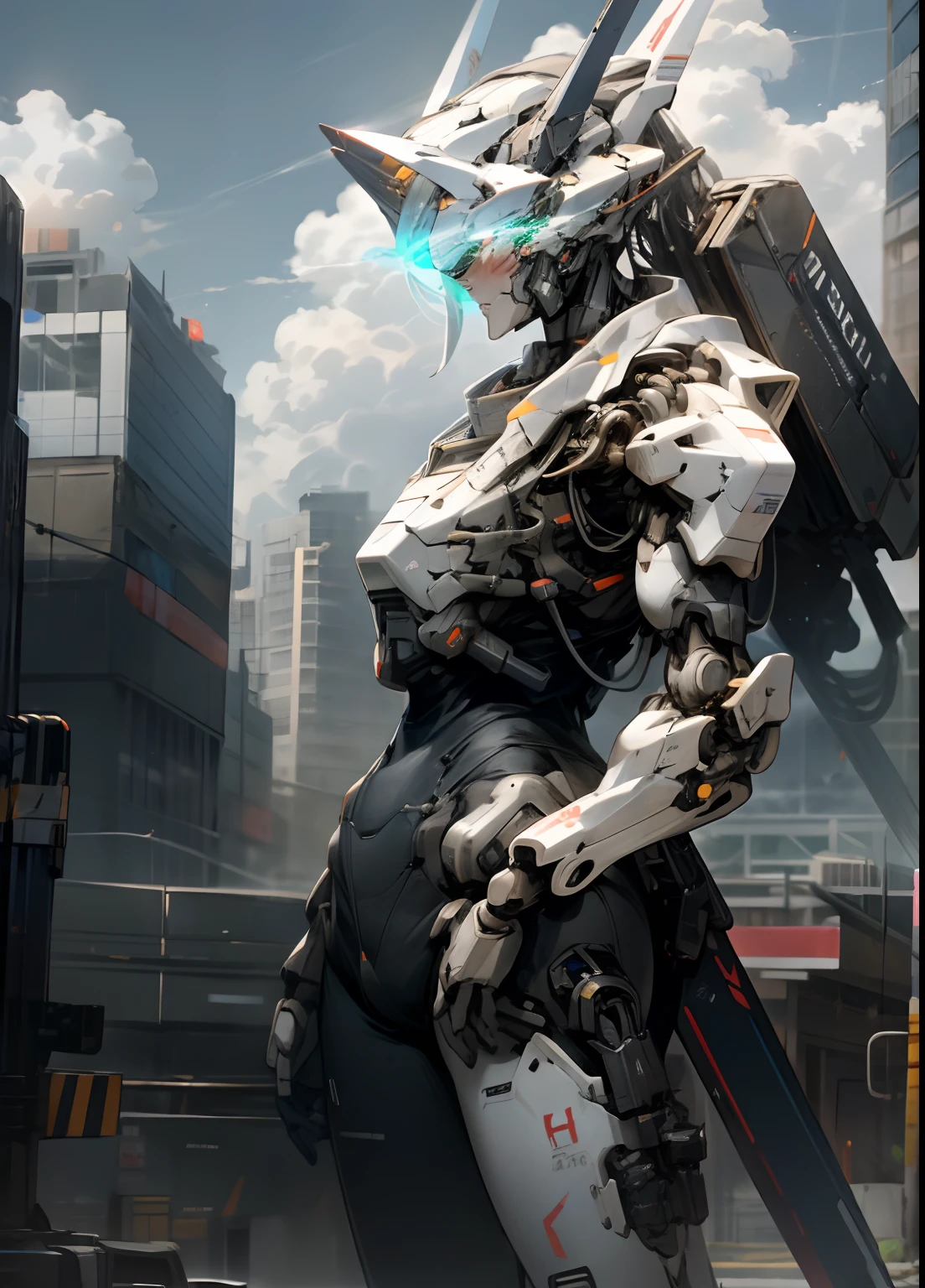 sky, cloud, holding_weapon, no_humans, glowing, , robot, building, glowing_eyes, mecha, science_fiction, city, realistic,mecha_girl, bimbo