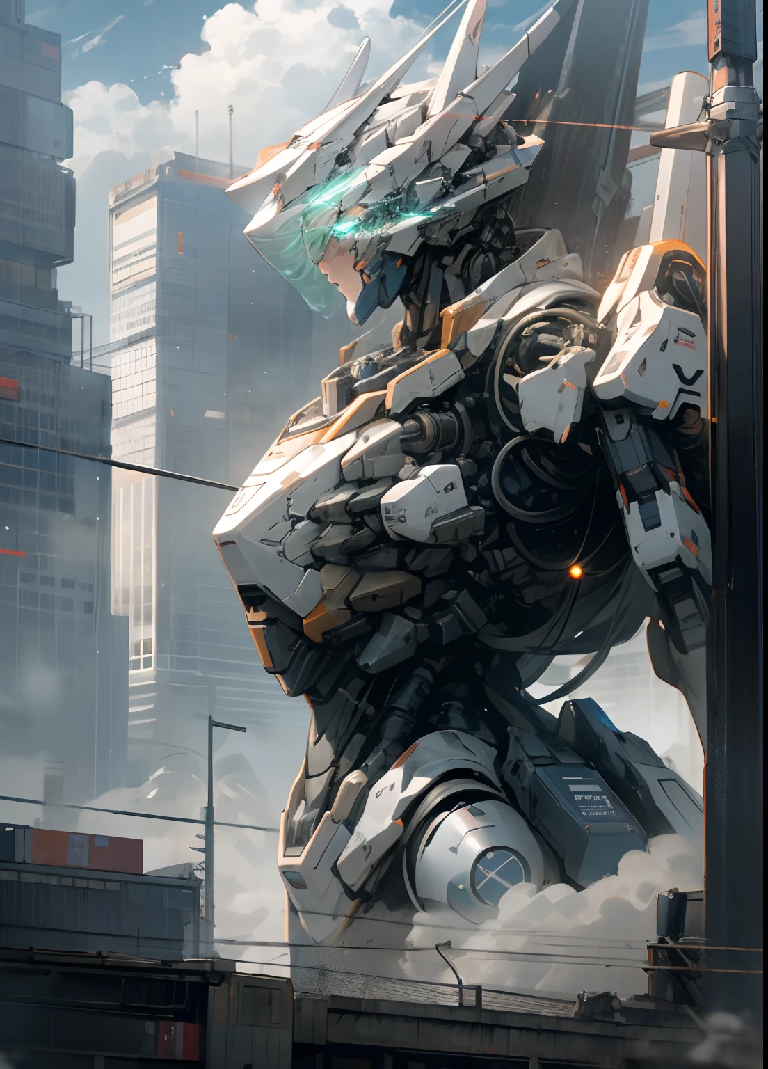 sky, cloud, holding_weapon, no_humans, glowing, , robot, building, glowing_eyes, mecha, science_fiction, city, realistic,mecha_girl, bimbo
