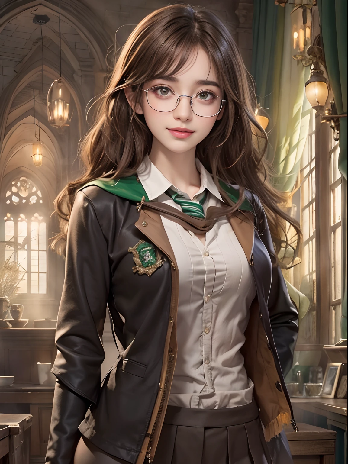 Beautiful girl with thick brown hair, Big shiny brown eyes, long eyelashes, A Deep Look, eyeglasses, warm smile ,Photorealistic, High Resolution, 1womanl, 独奏, hips up, Viewer Viewer, (Detailed Face), Hogwarts Uniforms, Hogsks, Slytherin，black stockings