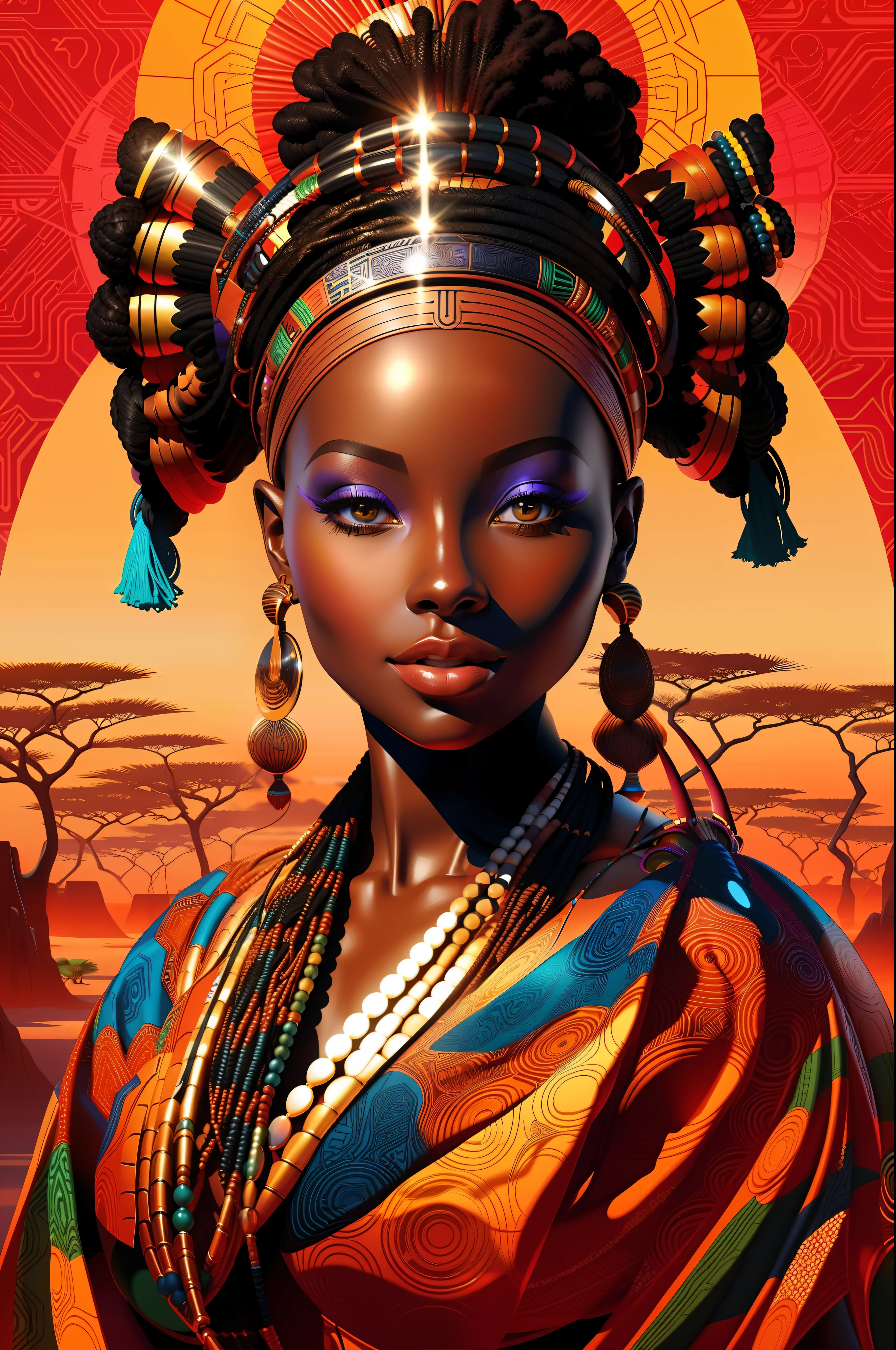 painting of a woman with a headdress and a scarf, black african princess, african queen, african woman, stunning african princess, african princess, african, stunning digital illustration, beautiful futuristic himba woman, futuristic himba young woman, african arts, beautiful digital artwork, beautiful digital illustration, a beautiful artwork illustration, afrofuturism, stunning artwork, rossdraws | afrofuturism