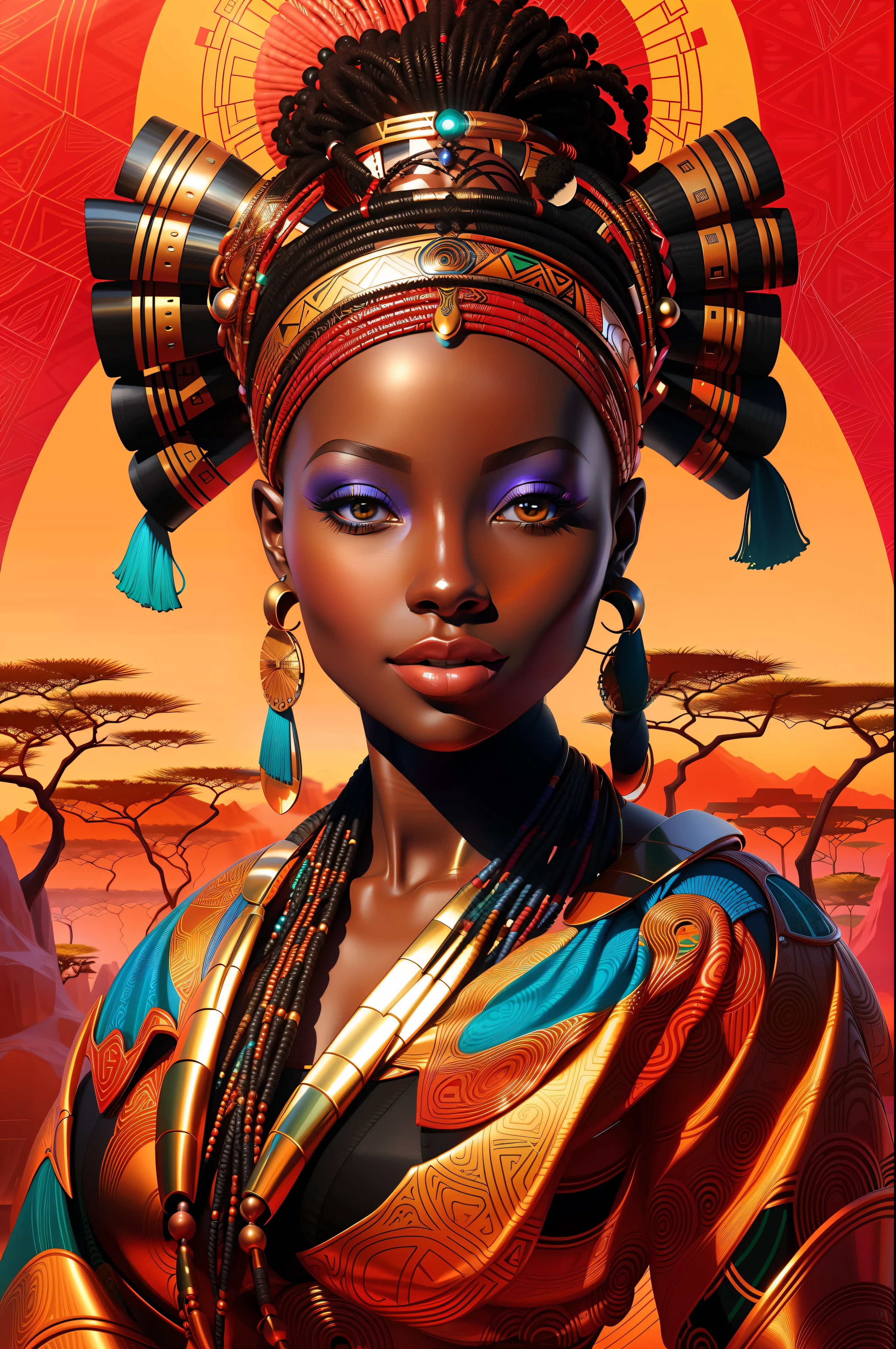 painting of a woman with a headdress and a scarf, black african princess, african queen, african woman, stunning african princess, african princess, african, stunning digital illustration, beautiful futuristic himba woman, futuristic himba young woman, african arts, beautiful digital artwork, beautiful digital illustration, a beautiful artwork illustration, afrofuturism, stunning artwork, rossdraws | afrofuturism
