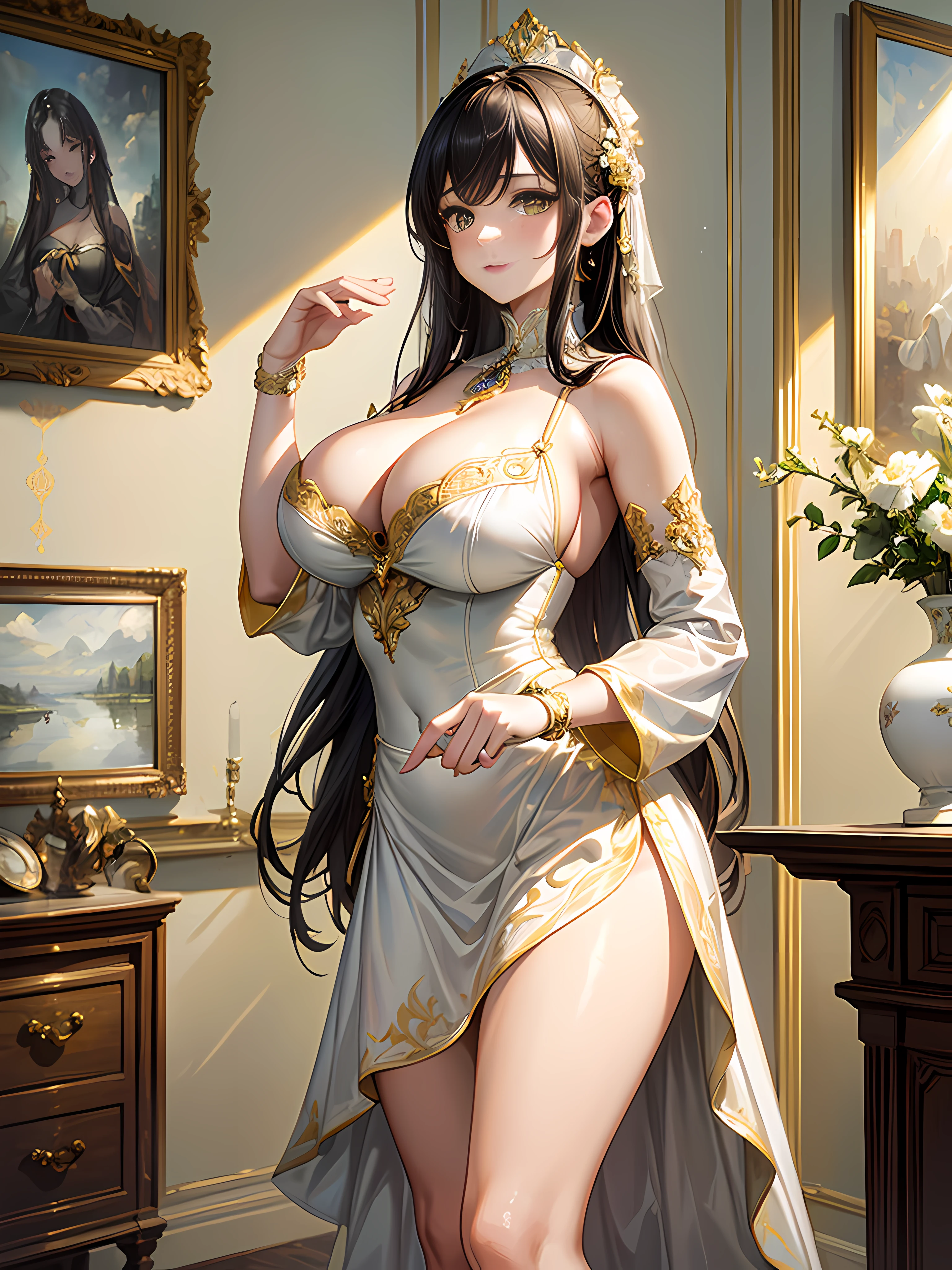 (Masterpiece), (Best quality), (Ultra-detailed), image_type: Portrait | Sexual huge breasts cleavage: Fashion | Emotion: elegant | scene: A young girl in a yellow and white maid outfit stands elegantly in an elegantly decorated interior room | Beautiful light, Tranquil Mood,Looking to the side