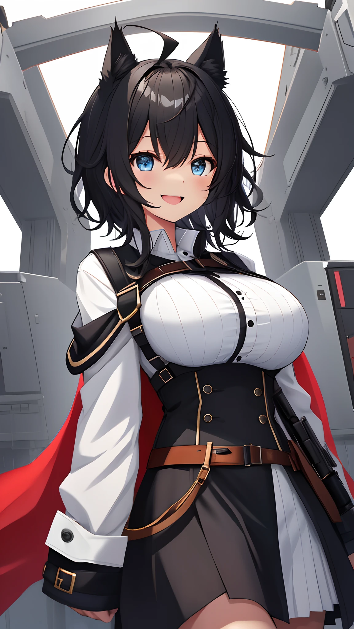 masterpiece, mischievous smile, light blush, looking at viewer, huge breasts, sexy pose, female rean schwarzer, long hair, white coat, black shirt, black gloves, thigh strap, red belt, black pants, nipples