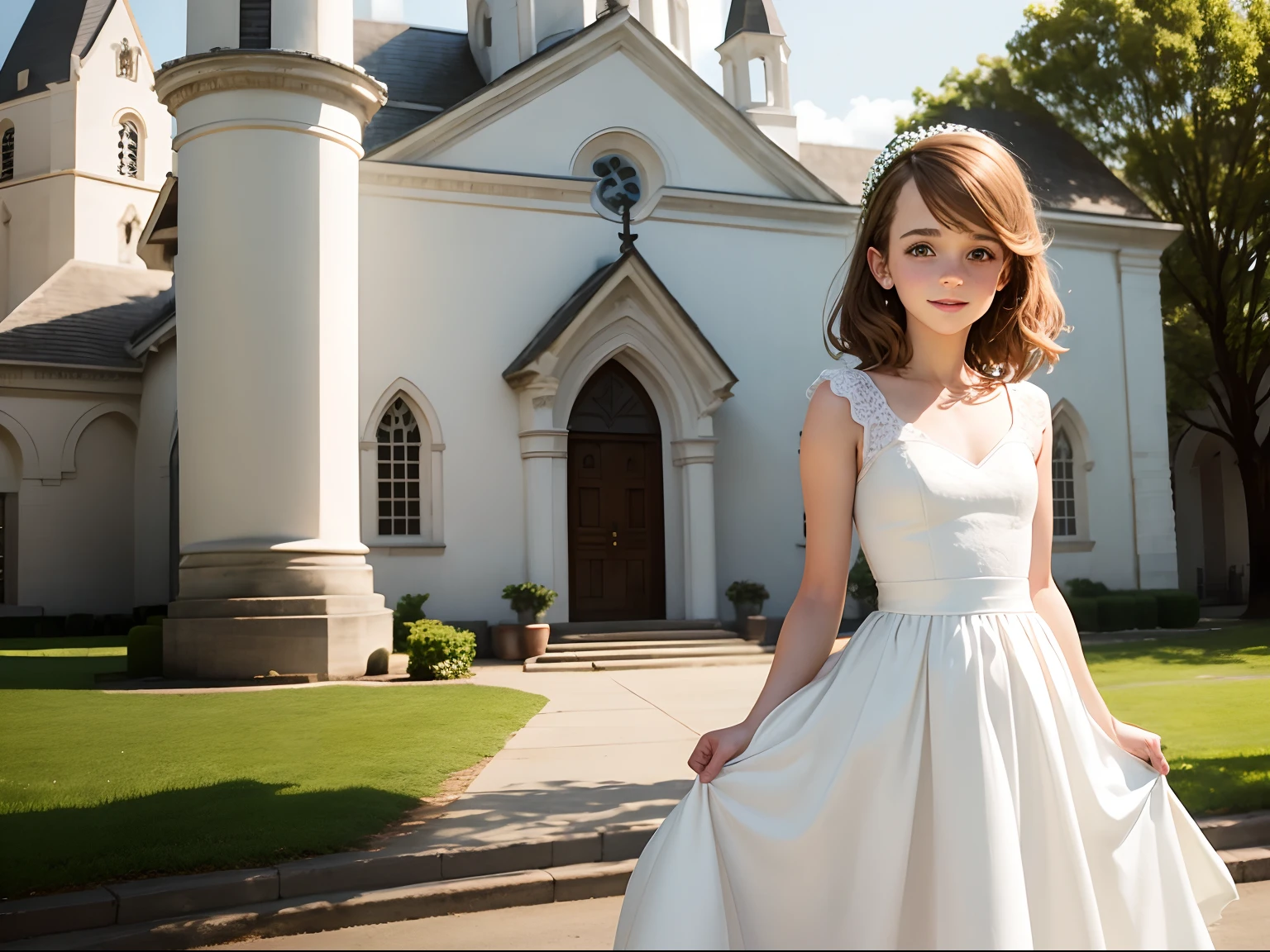 tween Emma Watson wearing cute white traditional bridesmaid dress, small bust, small chest, cute smile, outside church, wedding guests in background