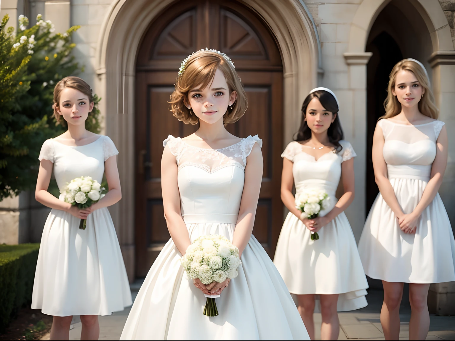 tween Emma Watson wearing cute white traditional bridesmaid dress, small bust, small chest, cute smile, outside church, wedding guests in background