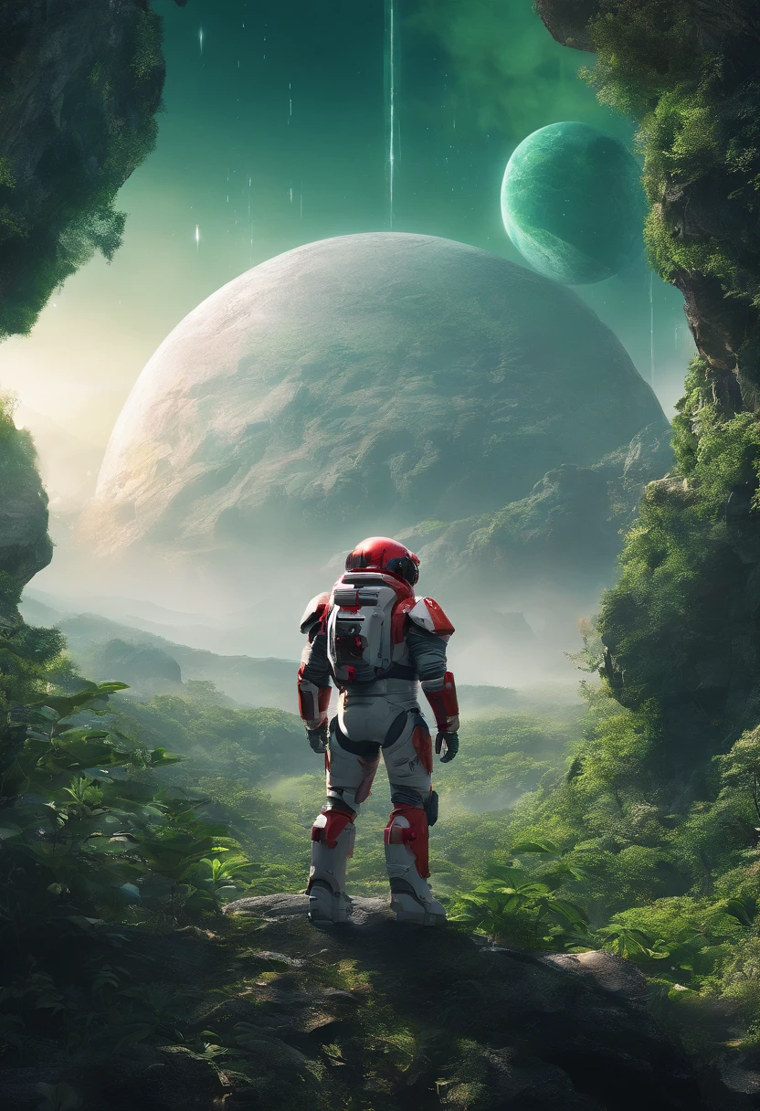 (35mmstyle:1.2), Highly detailed RAW color Photo, Rear Angle, Full Body, of (female space marine, wearing white and red space suit, futuristic helmet, tined face shield, rebreather, accentuated booty), outdoors, (standing on Precipice of tall rocky mountain, looking out at magical lush green rain forest on alien planet), vivid detail, (exotic alien planet), toned body, big butt, (sci-fi), (mountains:1.1), (lush green vegetation), (two moons in sky:0.8), (highly detailed, hyperdetailed, intricate), (lens flare:0.7), (bloom:0.7), particle effects, raytracing, cinematic lighting, shallow depth of field, photographed on a Sony a9 II, 35mm wide angle lens, sharp focus, cinematic film still from Gravity 2013, viewed from behind, dynamic angle
