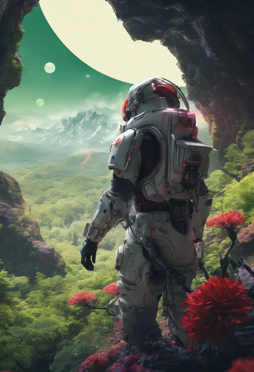 (35mmstyle:1.2), Highly detailed RAW color Photo, Rear Angle, Full Body, of (female space marine, wearing white and red space suit, futuristic helmet, tined face shield, rebreather, accentuated booty), outdoors, (standing on Precipice of tall rocky mountain, looking out at magical lush green rain forest on alien planet), vivid detail, (exotic alien planet), toned body, big butt, (sci-fi), (mountains:1.1), (lush green vegetation), (two moons in sky:0.8), (highly detailed, hyperdetailed, intricate), (lens flare:0.7), (bloom:0.7), particle effects, raytracing, cinematic lighting, shallow depth of field, photographed on a Sony a9 II, 35mm wide angle lens, sharp focus, cinematic film still from Gravity 2013, viewed from behind, dynamic angle