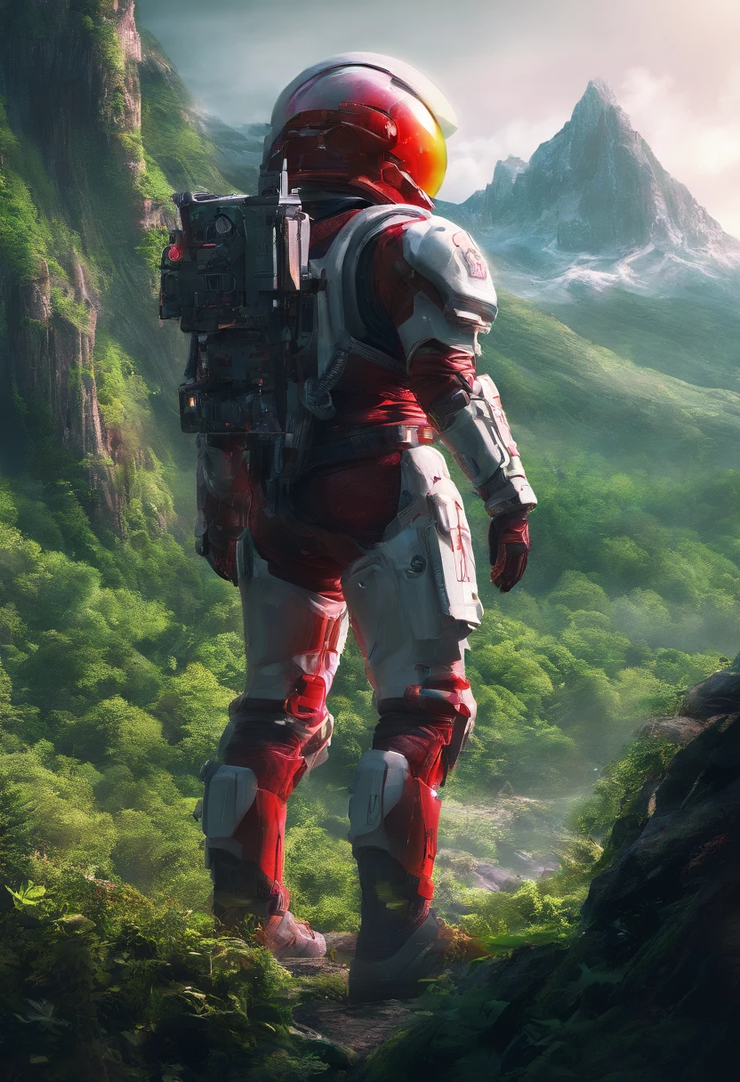 (35mmstyle:1.2), Highly detailed RAW color Photo, Rear Angle, Full Body, of (female space marine, wearing white and red space suit, futuristic helmet, tined face shield, rebreather, accentuated booty), outdoors, (standing on Precipice of tall rocky mountain, looking out at magical lush green rain forest on alien planet), vivid detail, (exotic alien planet), toned body, big butt, (sci-fi), (mountains:1.1), (lush green vegetation), (two moons in sky:0.8), (highly detailed, hyperdetailed, intricate), (lens flare:0.7), (bloom:0.7), particle effects, raytracing, cinematic lighting, shallow depth of field, photographed on a Sony a9 II, 35mm wide angle lens, sharp focus, cinematic film still from Gravity 2013, viewed from behind, dynamic angle