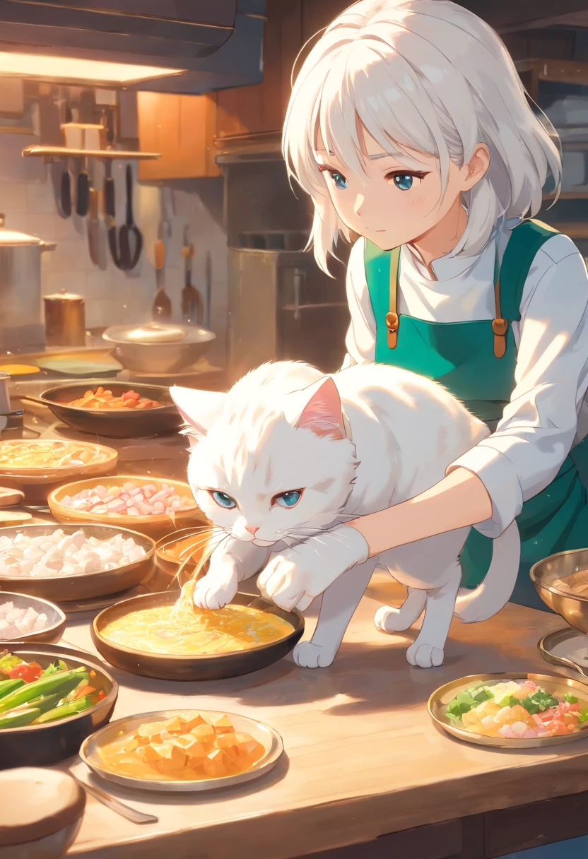 fotografia em close-up de (White cat tabby is preparing food on the table:1.2), (c4ttitude:1.3), na cozinha glasstech, detalhes hiper realistas e intrincados, (nebuloso:1.1), POV de baixo