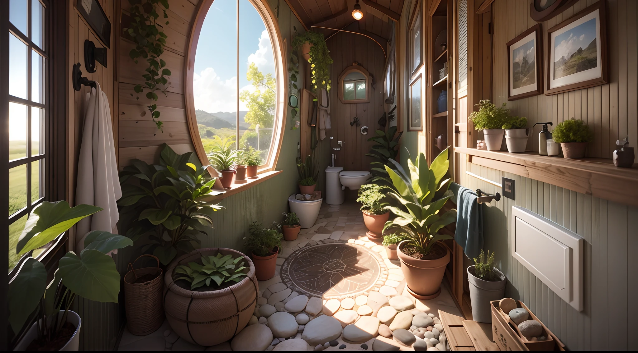 cozy tiny house bathroom made out of pebbles with a lot of plants and a sky light