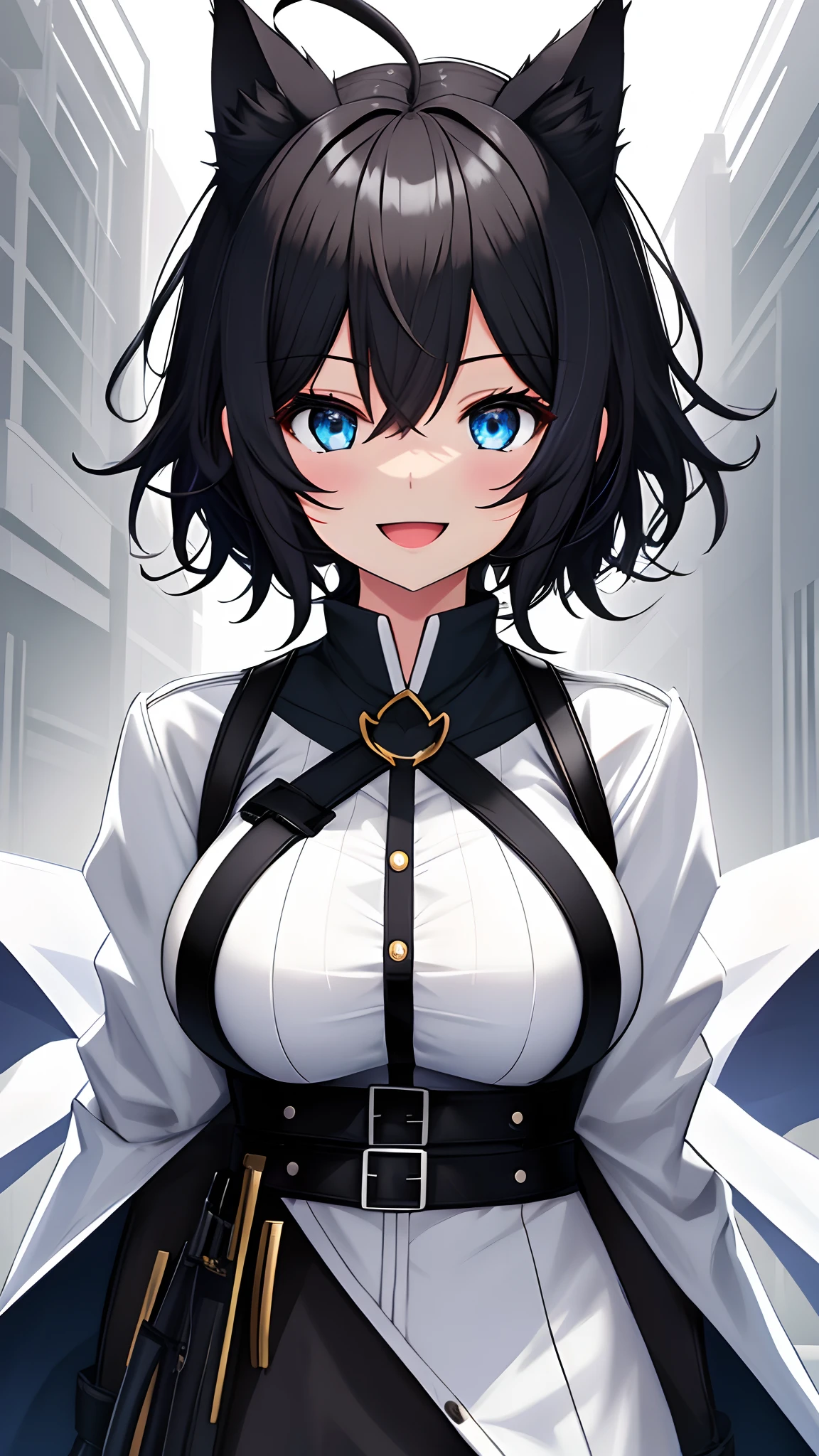 ,((Upright)), ((Arms at sides)), Looking at Viewer, simple background、White background, 1girl in, Open mouth, Smile, Virtual Youtuber、girl with、((Best Quality, high_resolution, Distinct_image)),(Black hair), (Black cat ears), (Ahoge), (absurdly short hair), (Wavy Hair), (Blue eyes),、A smile、Very big breasts、concept-art、((View Viewer))。military outfits。Wearing a cape。((Facing the viewer))Wearing a black harness。