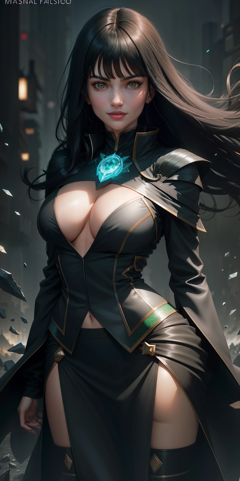 perfect breasts ((book cover)) ((1 beautiful woman in her 20s)), ((black hair)) ((Long haircut with bangs, traditional bangs)) ((hair flowing in the wind)) , ( (crystalline green eyes)), stylish black blazer, strapless blouse underneath, long black synthetic wavy cut skirt with evaluators, perfect face, roguish smile, Softly blurred background, Shadow Legion control room, In the background , A screen with a world map, dark night, dark watercolor splashes in the background ((best quality, 8k, ultra detailed)) ((Cinematic image)) standing pose, bent leg, Focus from face to bust, sharp, Cover of the thriller book by Mistério Fantástico