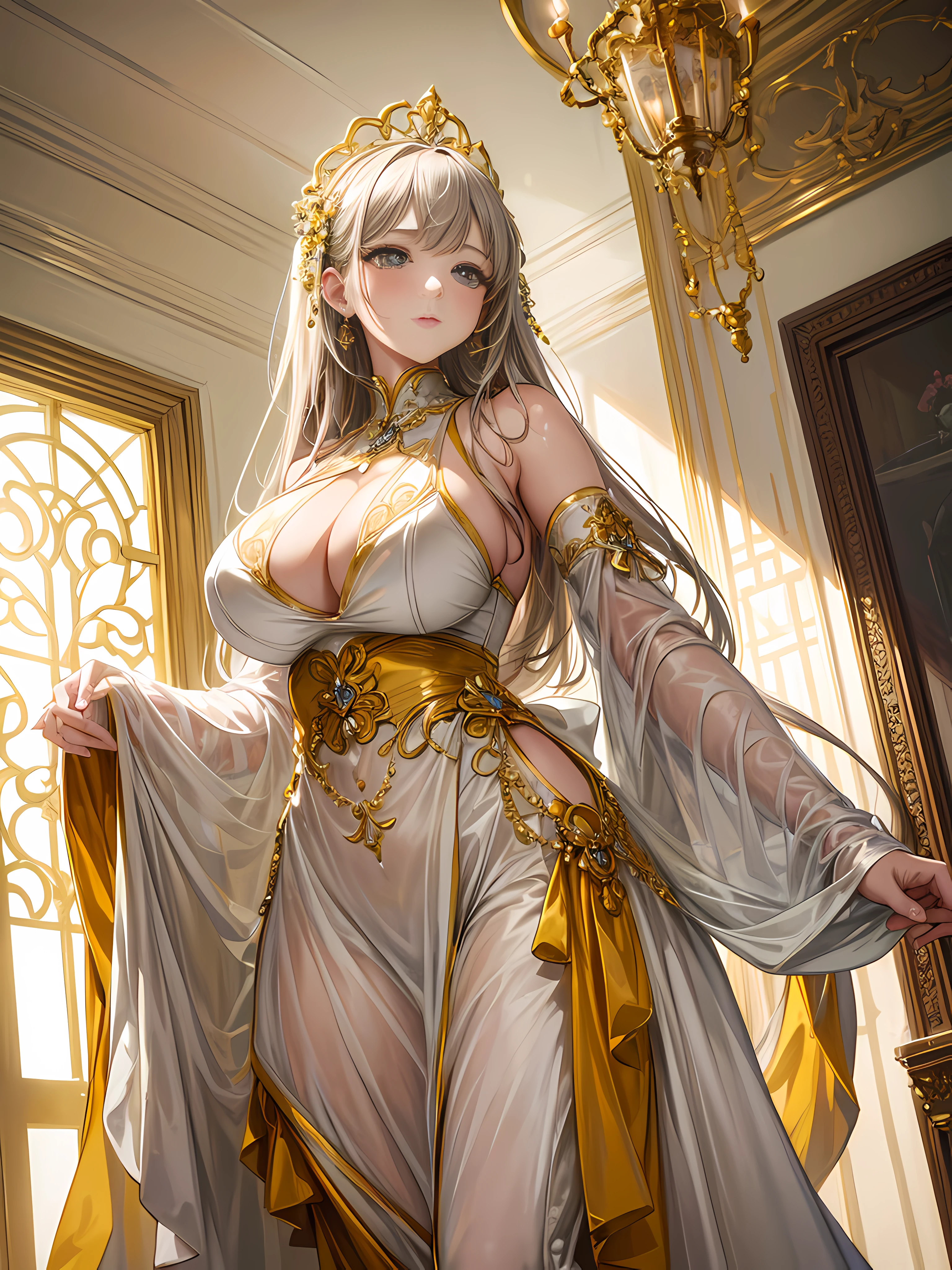 (Masterpiece), (Best quality), (Ultra-detailed), image_type: Portrait | Sexual huge breasts cleavage: Fashion | Emotion: elegant | scene: A young girl in a yellow and white maid outfit stands elegantly in an elegantly decorated interior room | Beautiful light, Tranquil Mood,Looks to the side