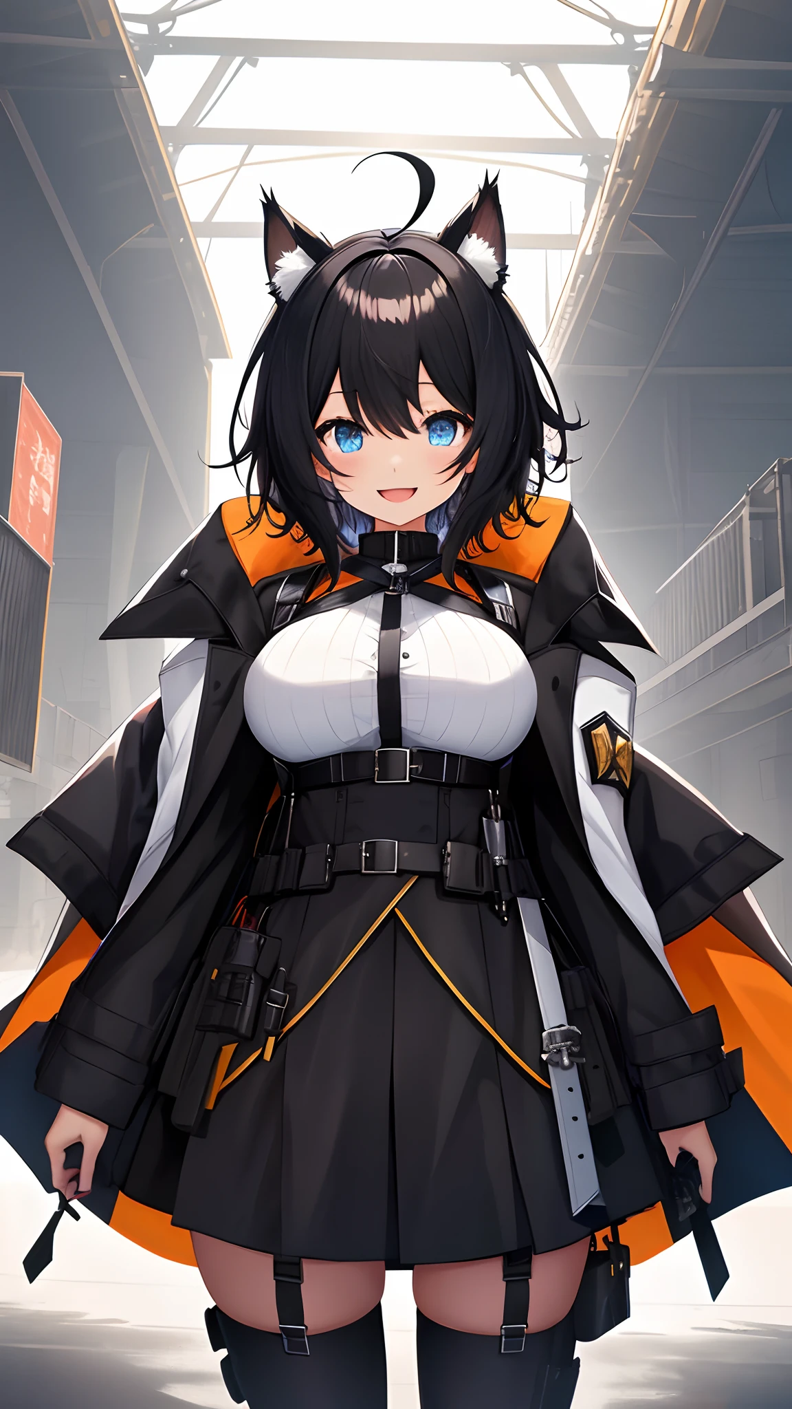,((Upright)), ((Arms at sides)), Looking at Viewer, simple background、White background, 1girl in, Open mouth, Smile, Virtual Youtuber、girl with、((Best Quality, high_resolution, Distinct_image)),(Black hair), (Black cat ears), (Ahoge), (absurdly short hair), (Wavy Hair), (Blue eyes),、A smile、Very big breasts、concept-art、((View Viewer))。military outfits。Wearing a cape。((Facing the viewer))Wearing a black harness。