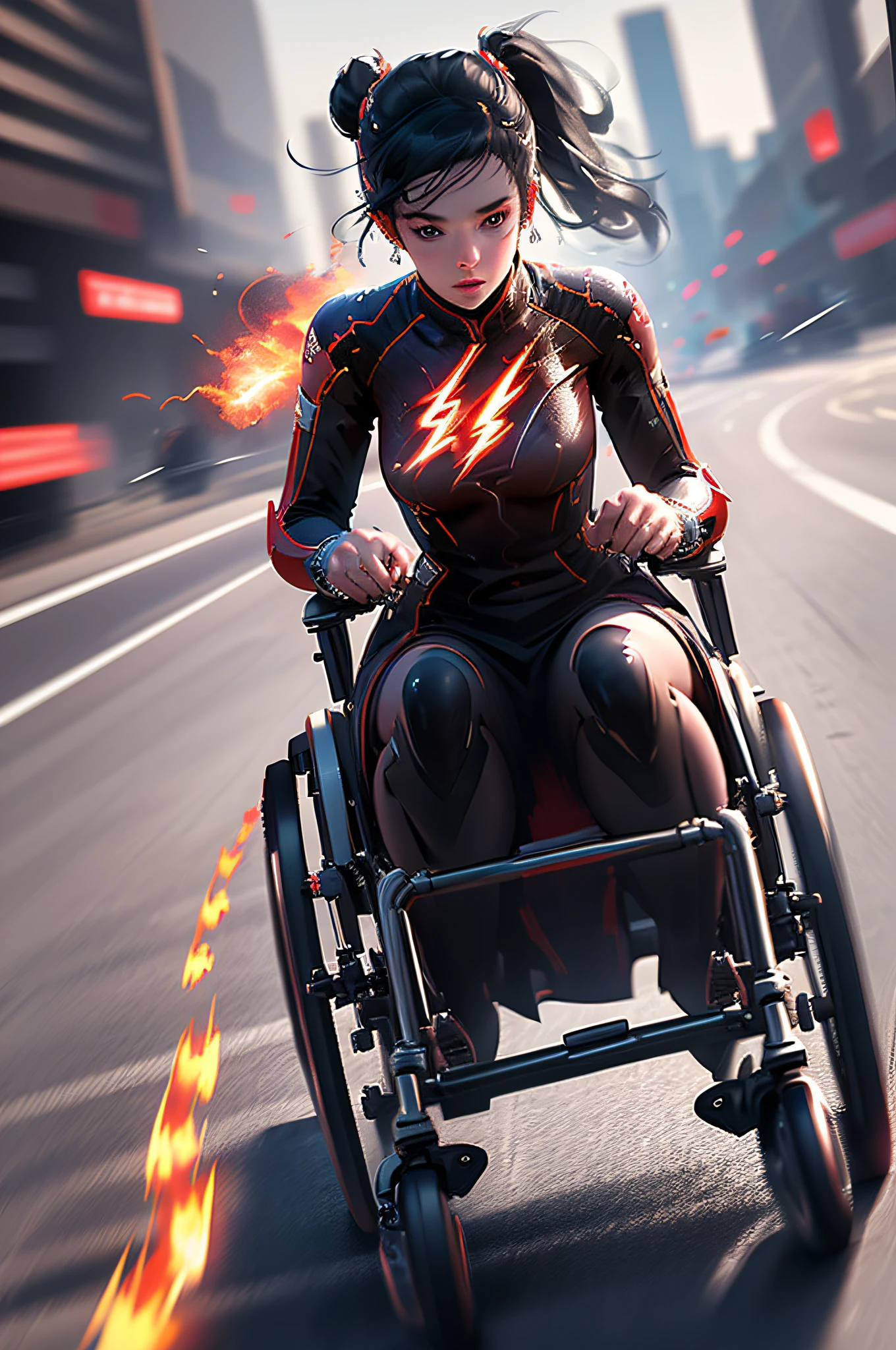The flash girl in the wheelchair moving at supersonic speed creating flame trails, trilhas de velocidade, motion blur, velocidade da eletricidade ao ar livre, realistic and highly detailed cinematography, filmagens de filmes,