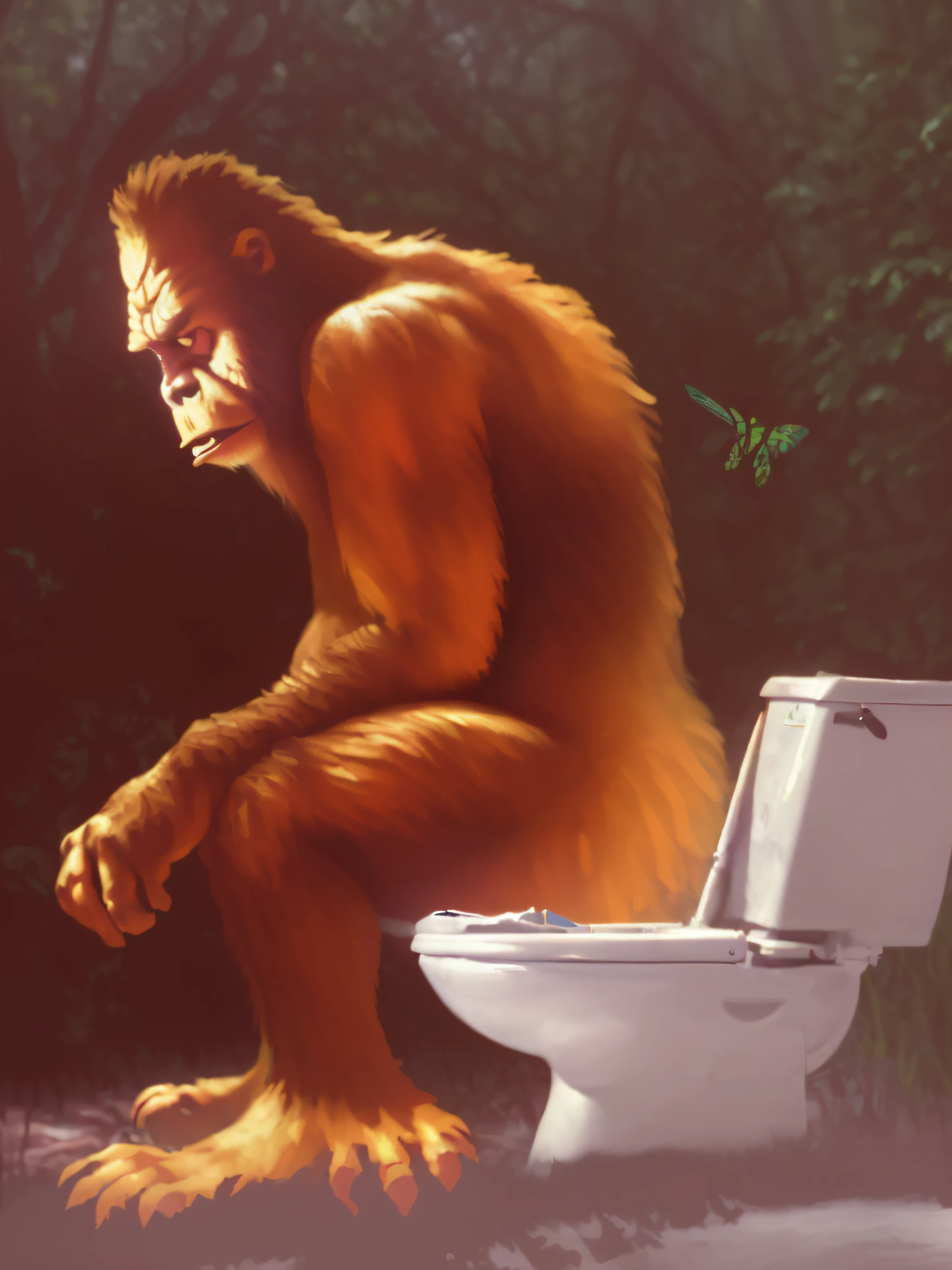 (best quality,4k,8k,highres,masterpiece:1.2),ultra-detailed,(realistic,photorealistic,photo-realistic:1.37),portraits,studio lighting,colorful tones,sharp focus,painting of a sasquatch sitting on a toilet with its mouth open, sasquatch, siting on a toilet, ( sasquatch, bored ape nft, stupid idiot cryptid, bigfoot, angry sasquatch, todd schorr, unsanitary, crouching, illustration!, mad magazine illustration, very humorous oil painting, ultra humorous oil paintingsoft sunlight filtering through the trees,peaceful atmosphere,butterflies fluttering around,serene expression,flowy white dress,graceful posture,looking ahead with a sense of wonder,emerald green background, vibrant and vivid colors,subtle bokeh effect.