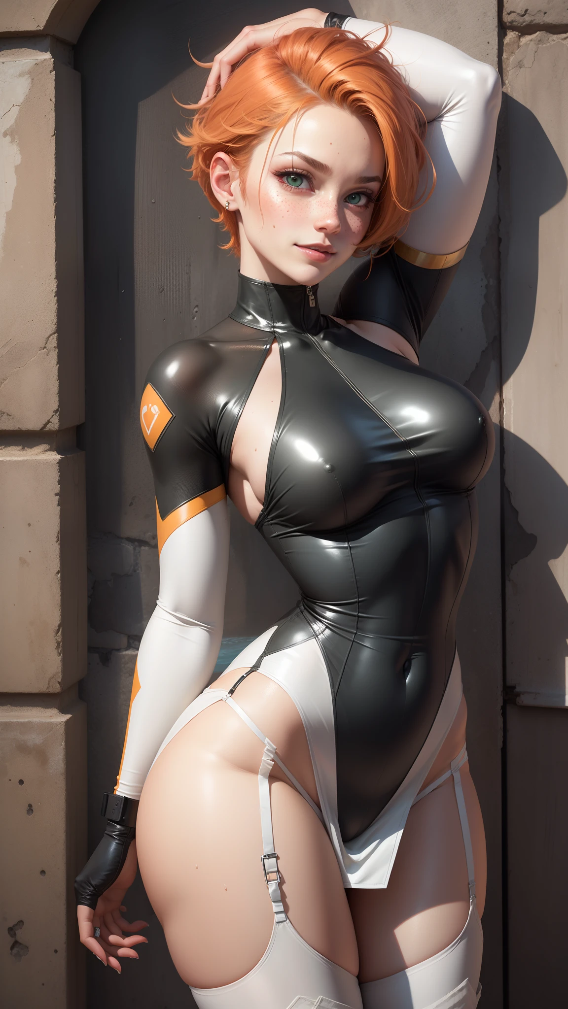 gwen tennyson,tracer,bulma,videl,green eyes,atelier ryza,ager,short hair,orange hair,river,shy smile,blush, white see-through bodycon dress,freckles,blush,beautiful girl,wet clothes,thigh high boots, top-quality,large breasts,ultra detailed,striped underwear,realistic,garter belt,
