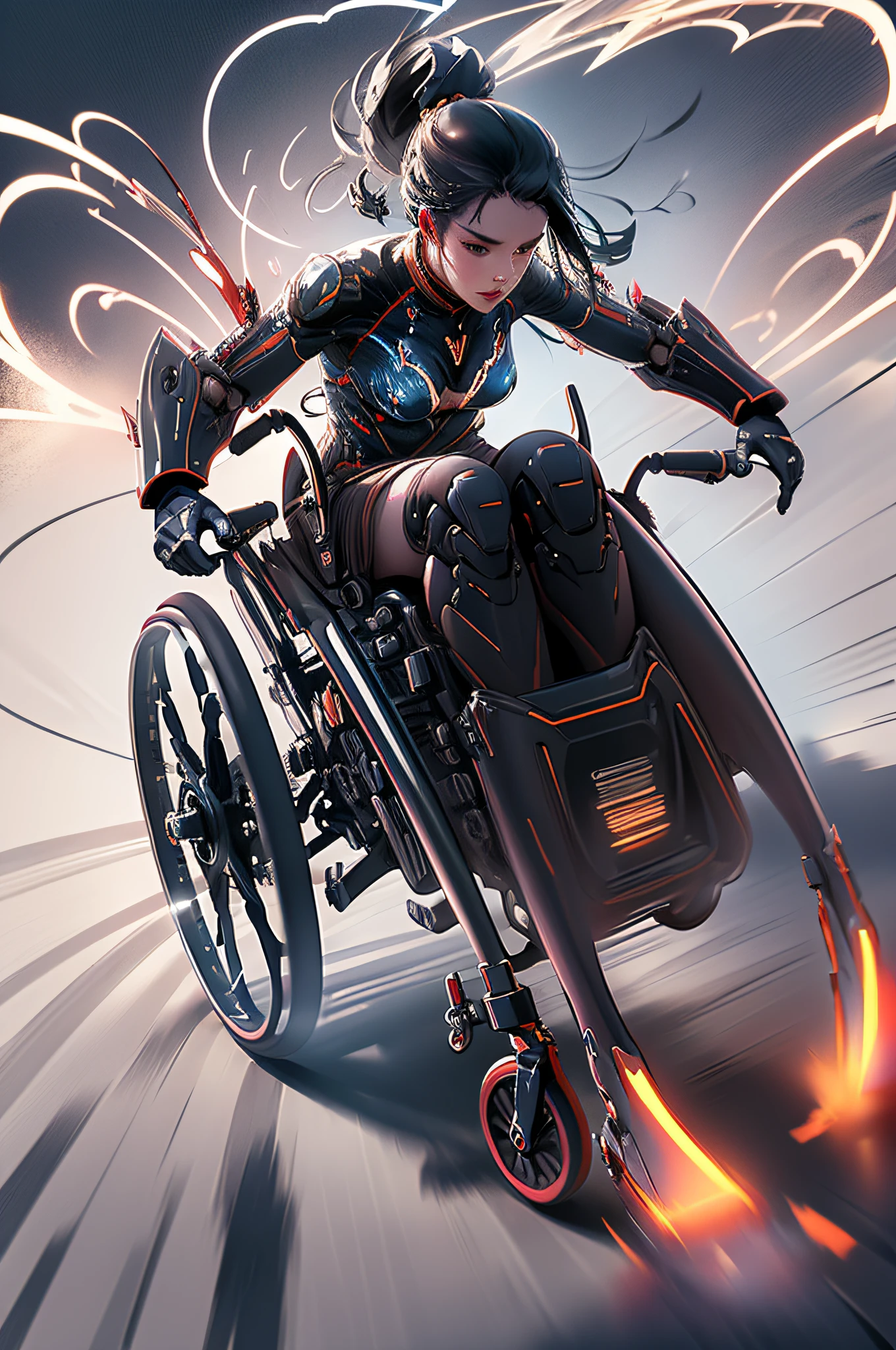 The flash girl in the wheelchair moving at supersonic speed creating flame trails, trilhas de velocidade, motion blur, velocidade da eletricidade ao ar livre, realistic and highly detailed cinematography, filmagens de filmes,