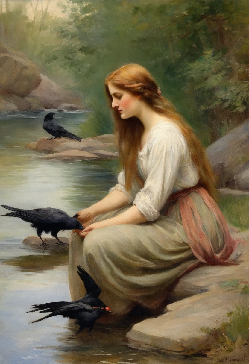 willium waterhouse beautiful maiden with long hairand very pretty face washing her clothes in a river with a crow sitting beside her