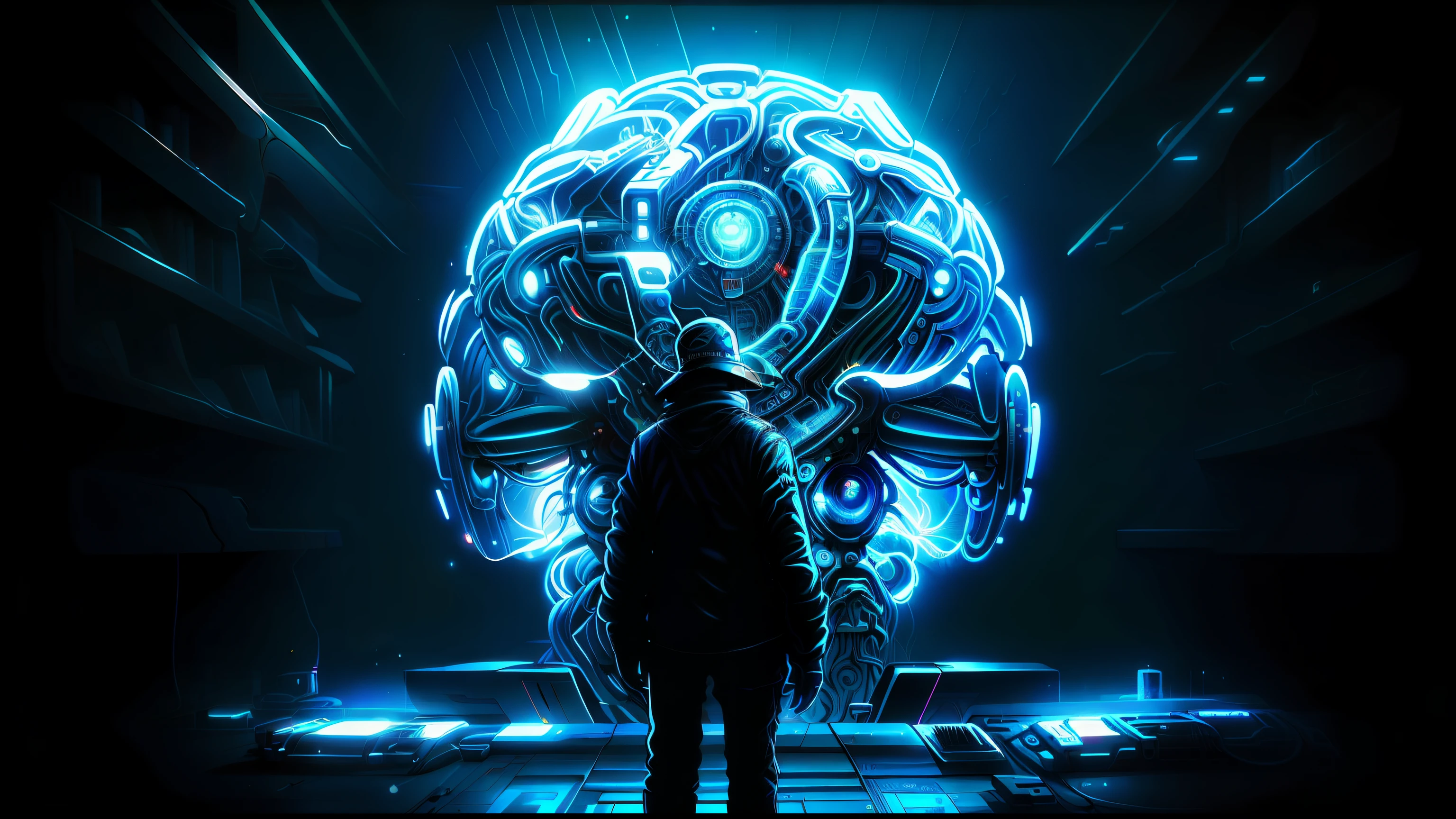 There's a man standing in front of a big brain, Em uma das cenas, vemos uma caneta sobre um livro aberto, representing the thorough research behind each biography, pintura fosca da mente humana, artificial consciousness, Pesquisador de IA, brain connected to computer, Artificial intelligence, O metaverso criptografado, metal brain, strong artificial intelligence, consciousness projection, a person standing in front of a, neural, the coming ai singularity, artificial intelligence god, AI produzindo o realista